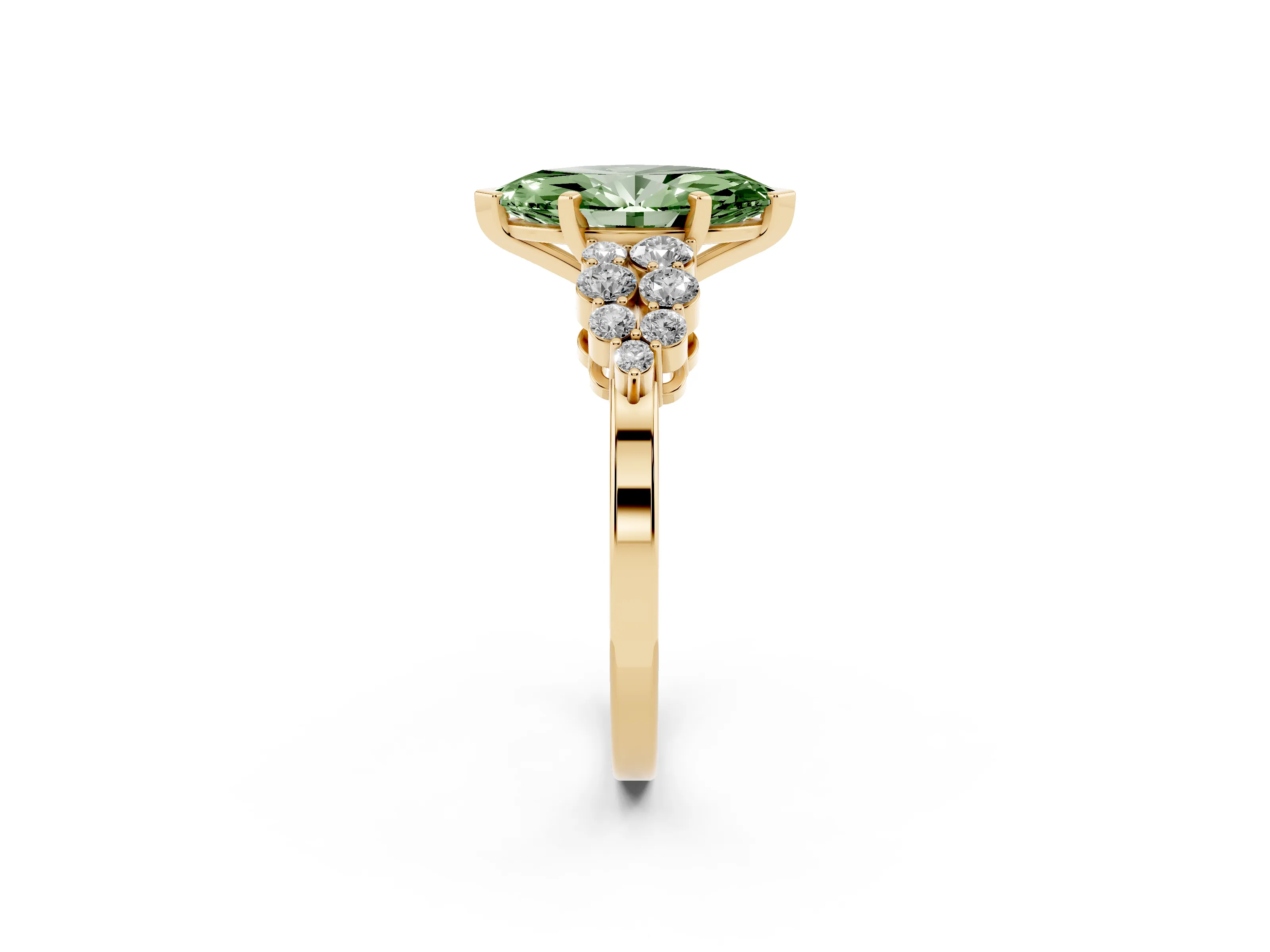 Fancy Green Marquise Cut Diamond Cluster Engagement Ring Set in Yellow gold with Pavé Band and Prong Setting