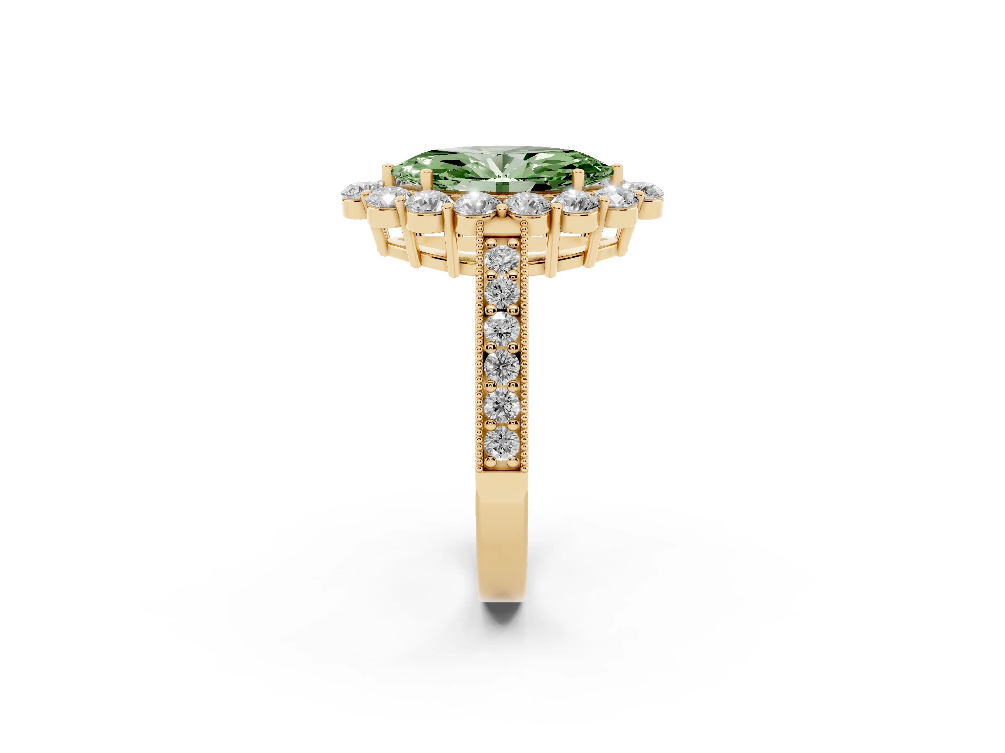 Fancy Green Marquise Cut Diamond Halo Pavé Engagement Ring Set in Yellow gold with Milgrain Detailing