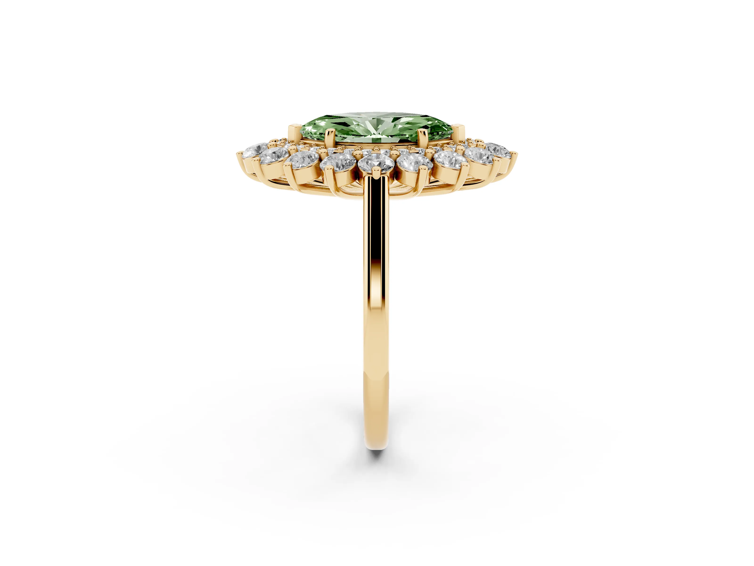 Fancy Green Marquise Cut Diamond Floral Double Halo Ring Set in Yellow gold with Round Petals
