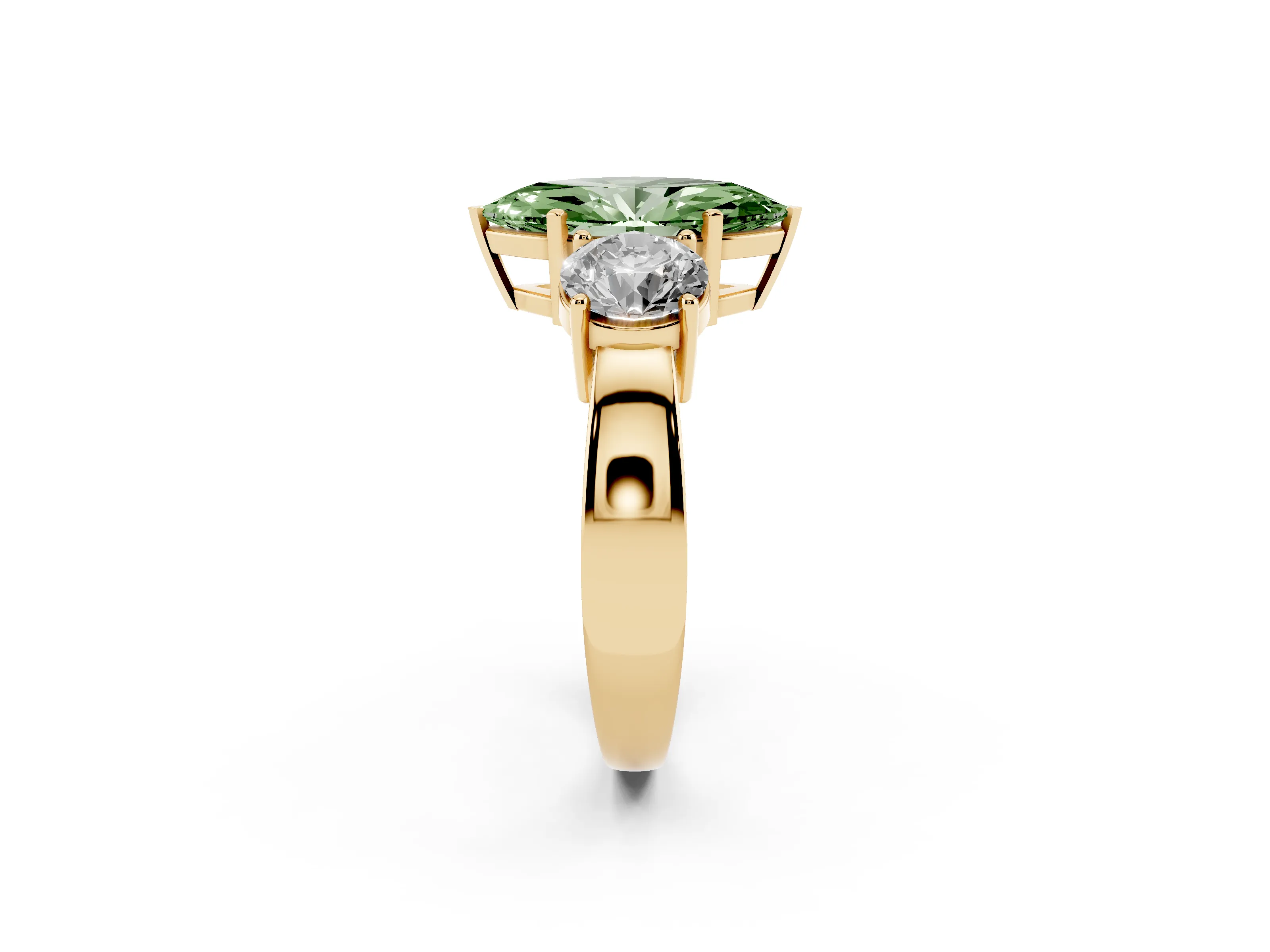 Fancy Green Marquise Cut Diamond Three-Stone Ring Set in Yellow gold with Round Side Stones and Classic Band