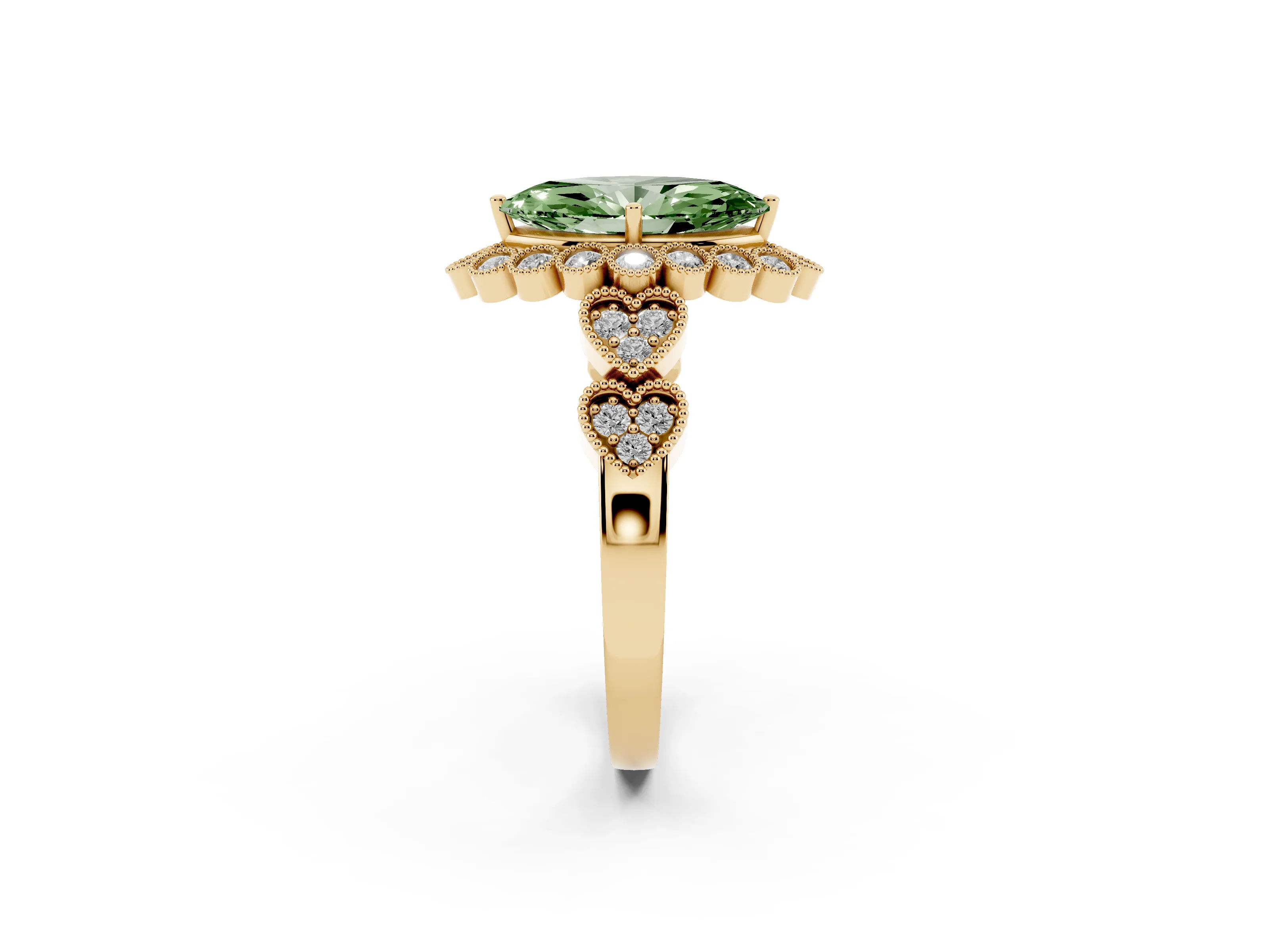 Fancy Green Marquise Cut Diamond Solitaire Ring Set in Yellow gold with Milgrain Pavé Heart Band