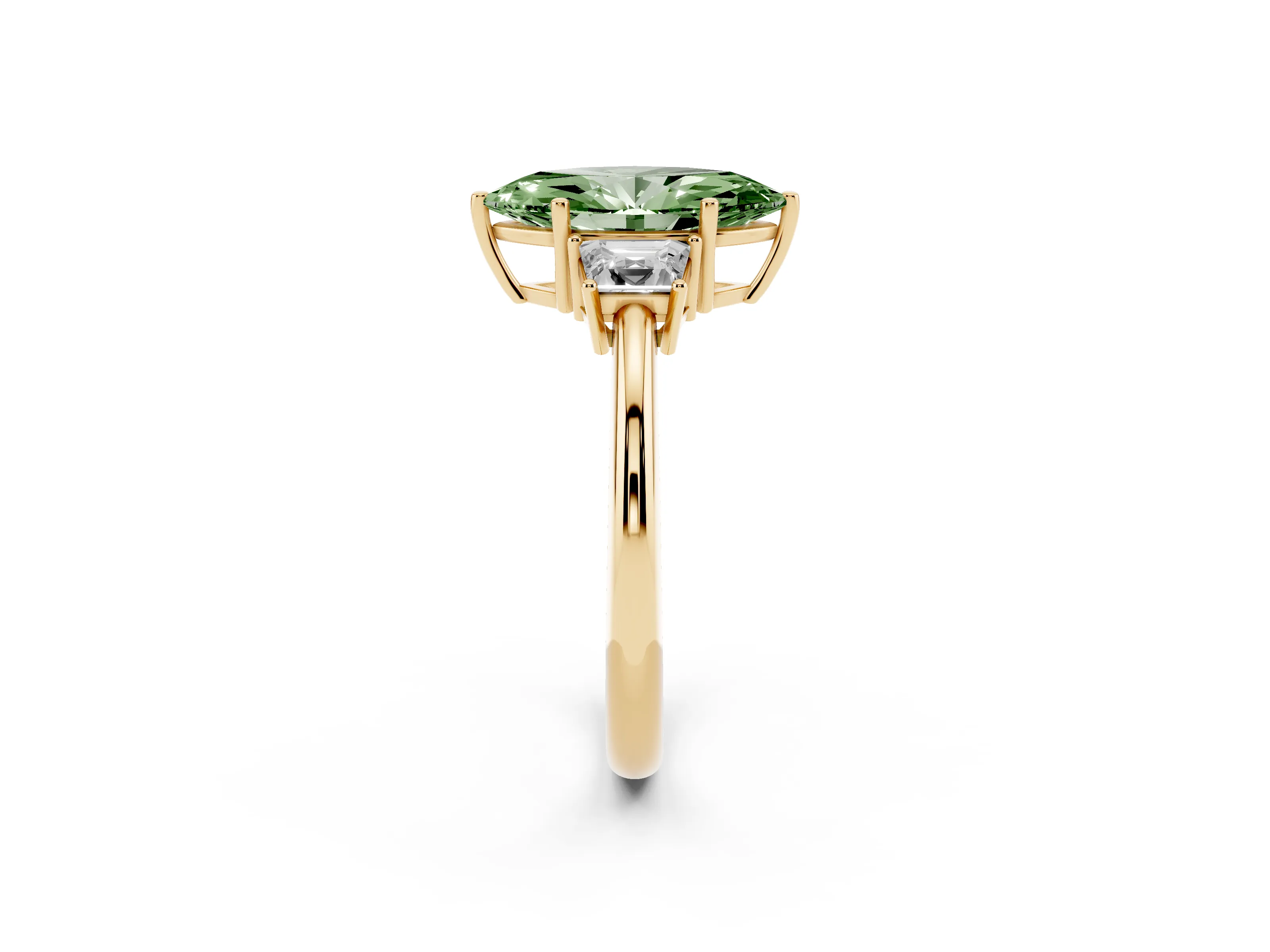 Fancy Green Marquise Cut Diamond Three-Stone Ring Set in Yellow gold with Trapezoid Side Stones and Prong Setting