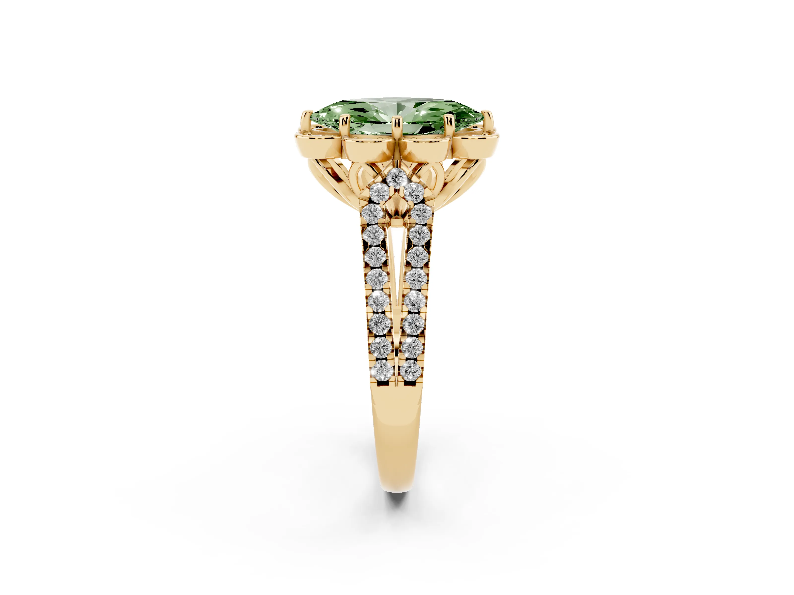 Fancy Green Marquise Cut Diamond Floral Halo Split Shank Engagement Ring Set in Yellow gold with Pavé Shank