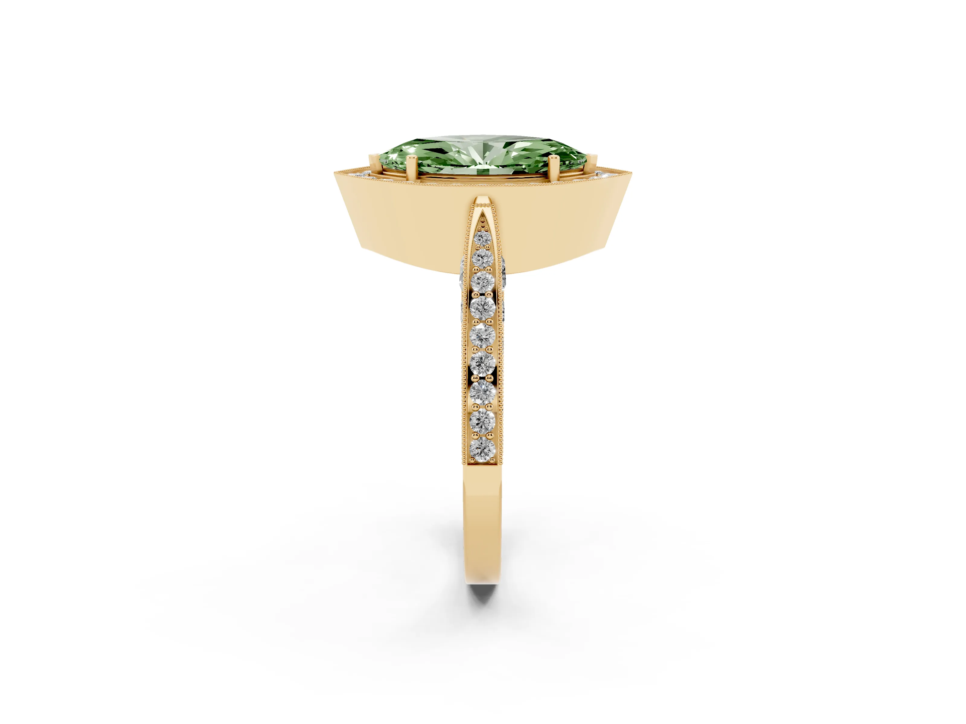 Fancy Green Marquise Cut Diamond Halo Engagement Ring Set in Yellow gold with Accent Split Shank Band