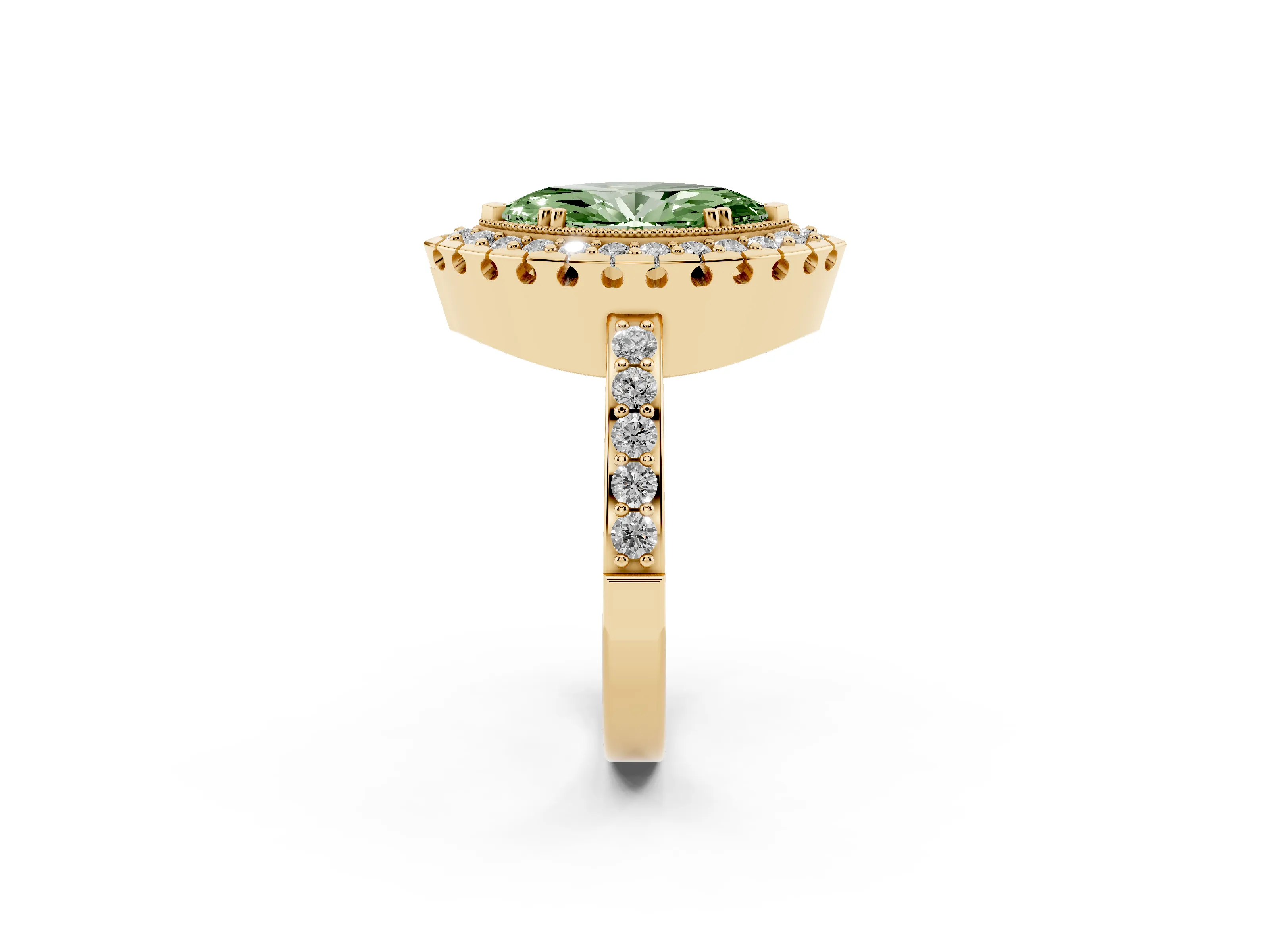 Fancy Green Marquise Cut Diamond Halo Ring Set in Yellow gold with Pavé Shank and Prong Setting