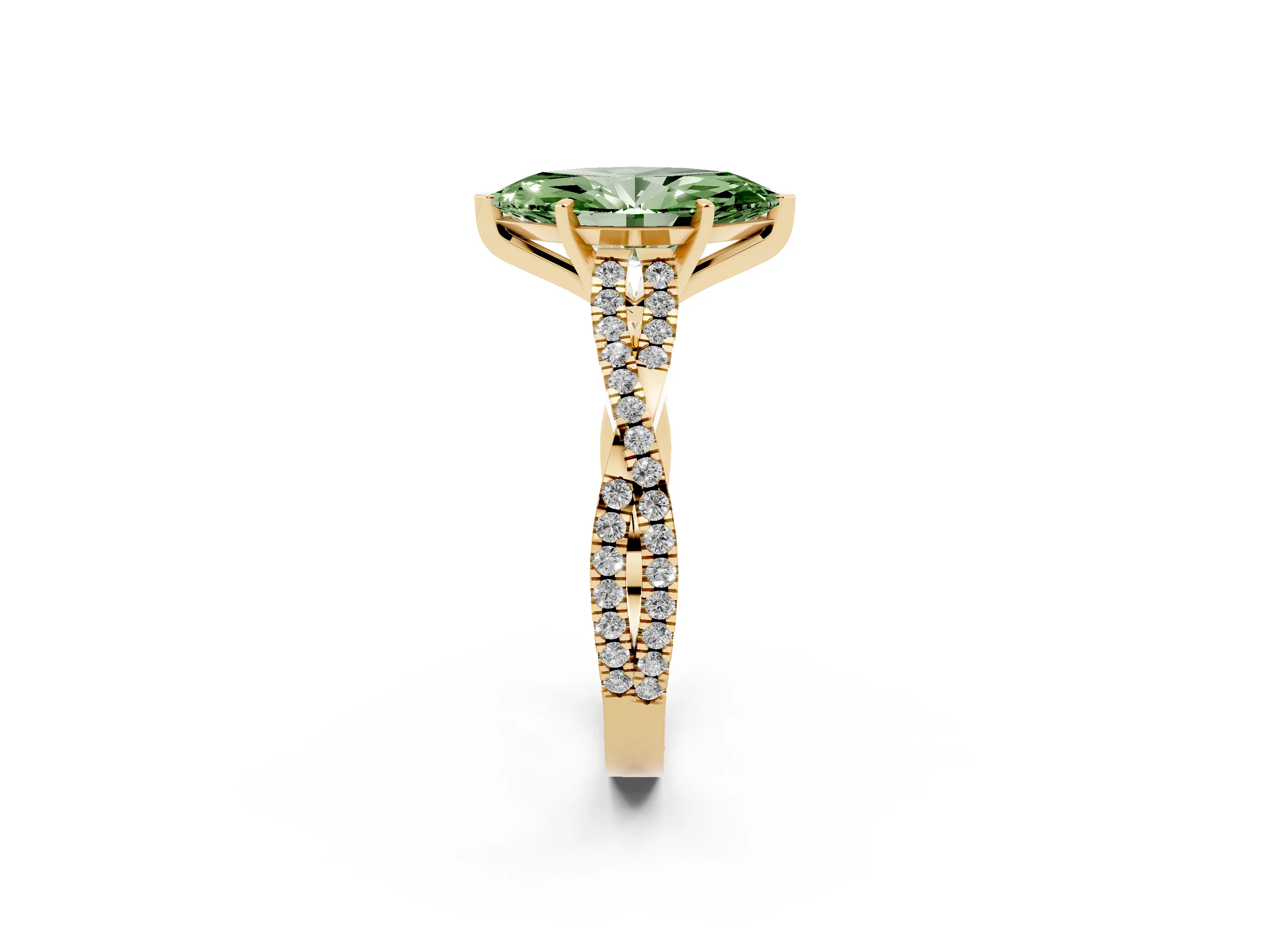 Fancy Green Marquise Cut Diamond Solitaire Engagement Ring Set in Yellow gold with Twisted Pavé Band and Prong Setting