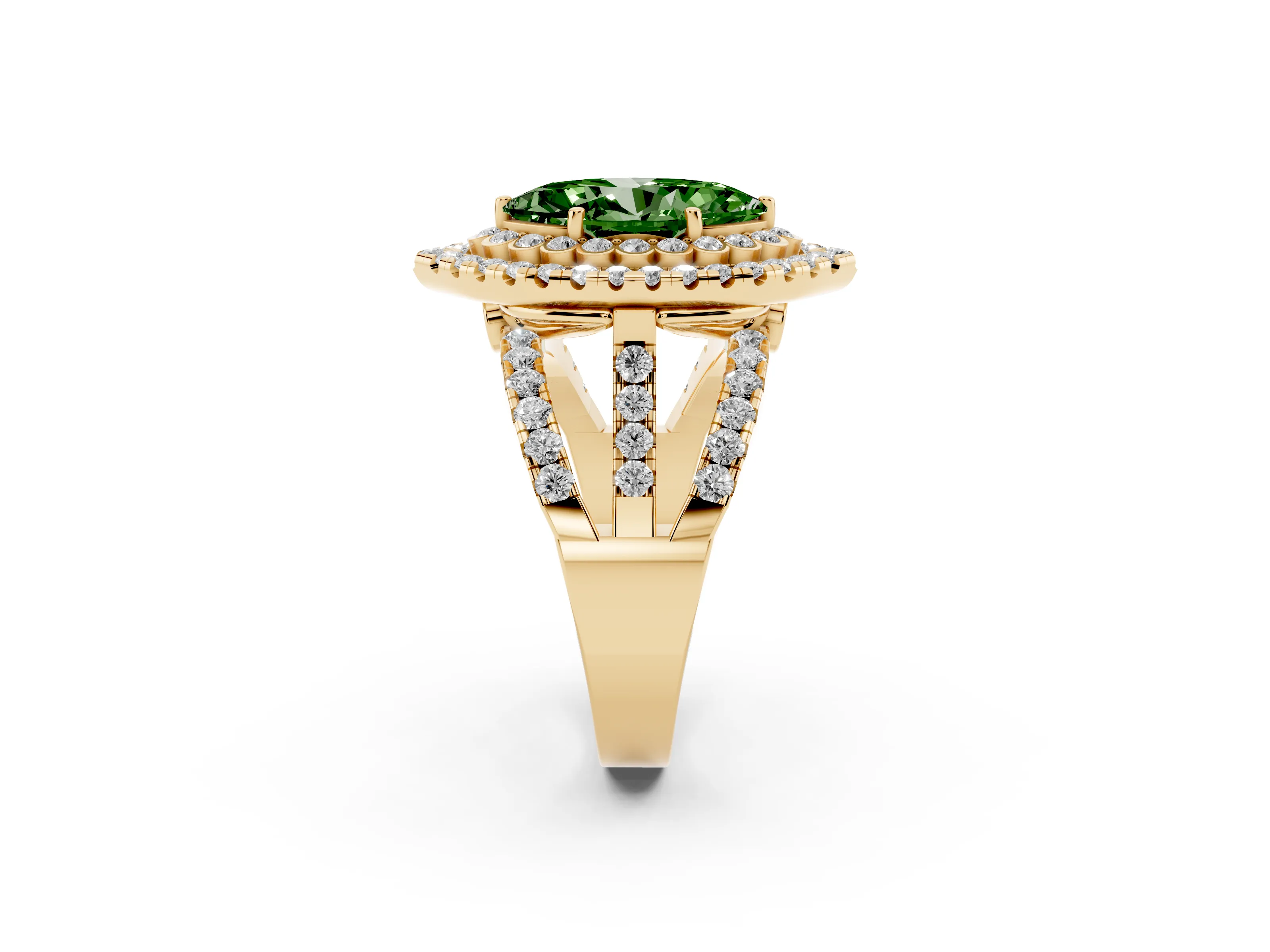 Fancy Green Marquise Cut Diamond Double Halo Ring Set in Yellow gold with Round Pavé Split Shank