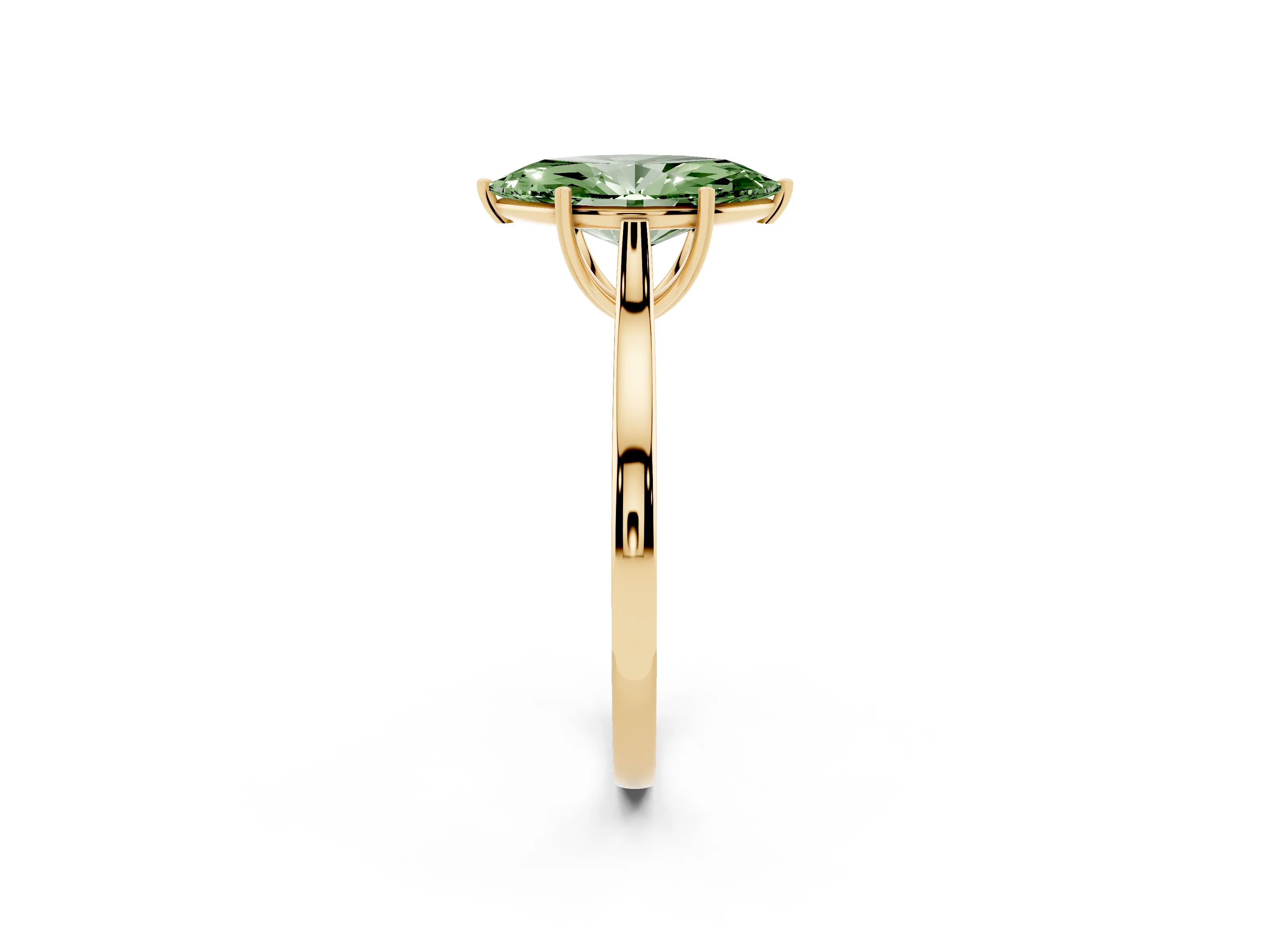 Fancy Green Marquise Cut Diamond Solitaire Heart Prong Engagement Ring Set in Yellow gold with Tapered Band