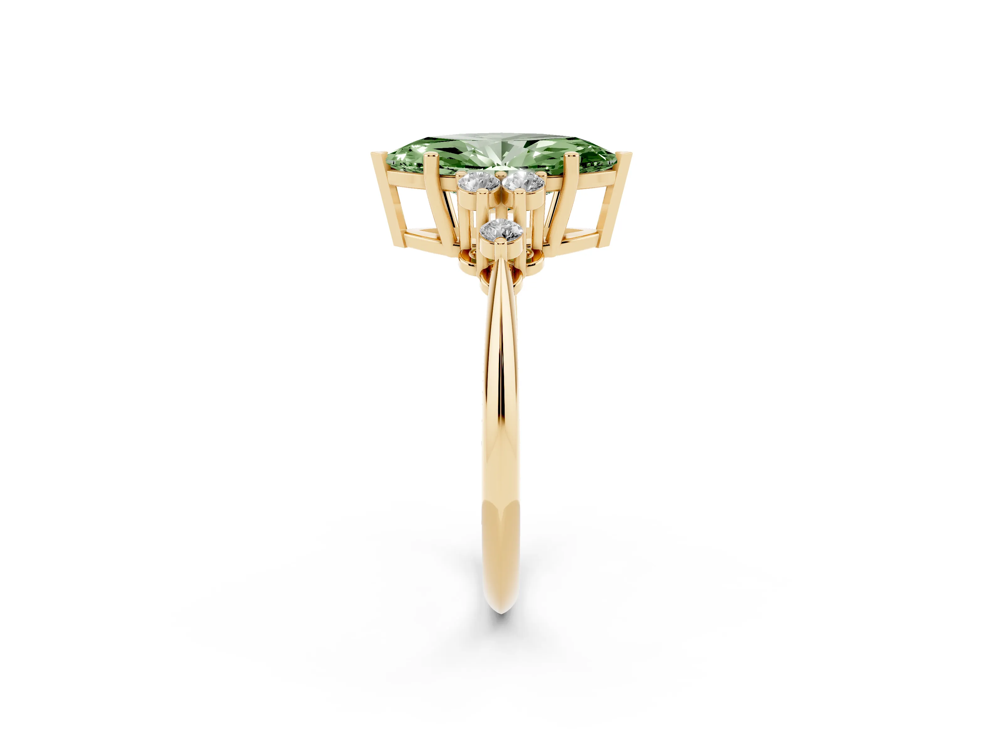 Fancy Green Marquise Cut Diamond Cluster Ring Set in Yellow gold with Plain Band and Prong Setting