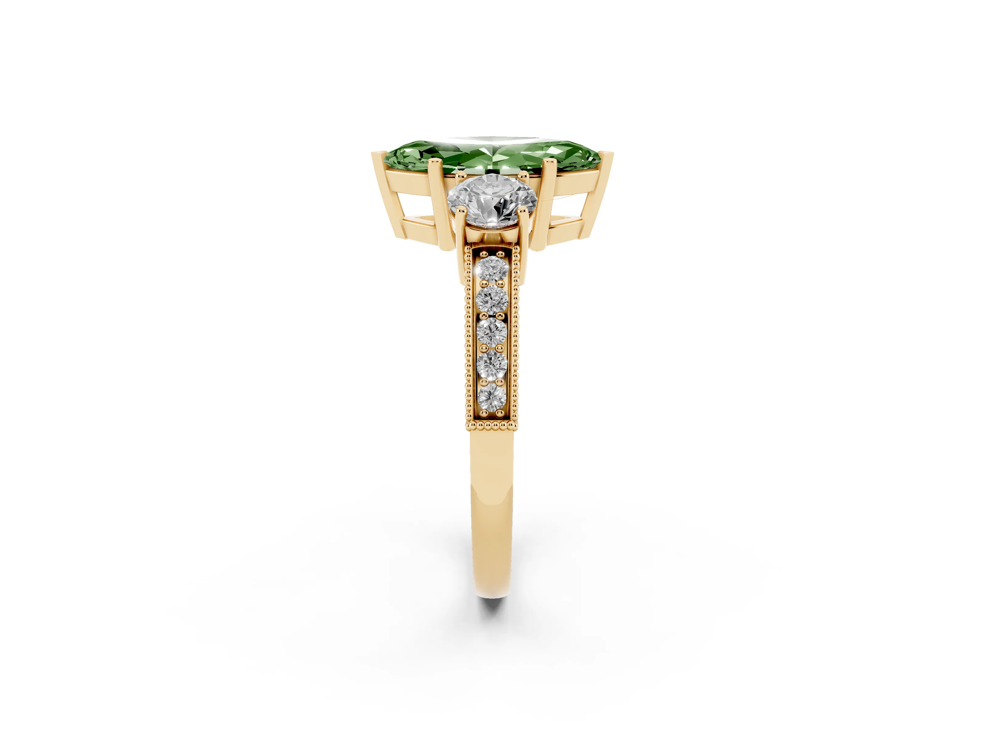Fancy Green Marquise Cut Diamond Three-Stone Ring Set in Yellow gold with Round Side Stones and Pavé Band