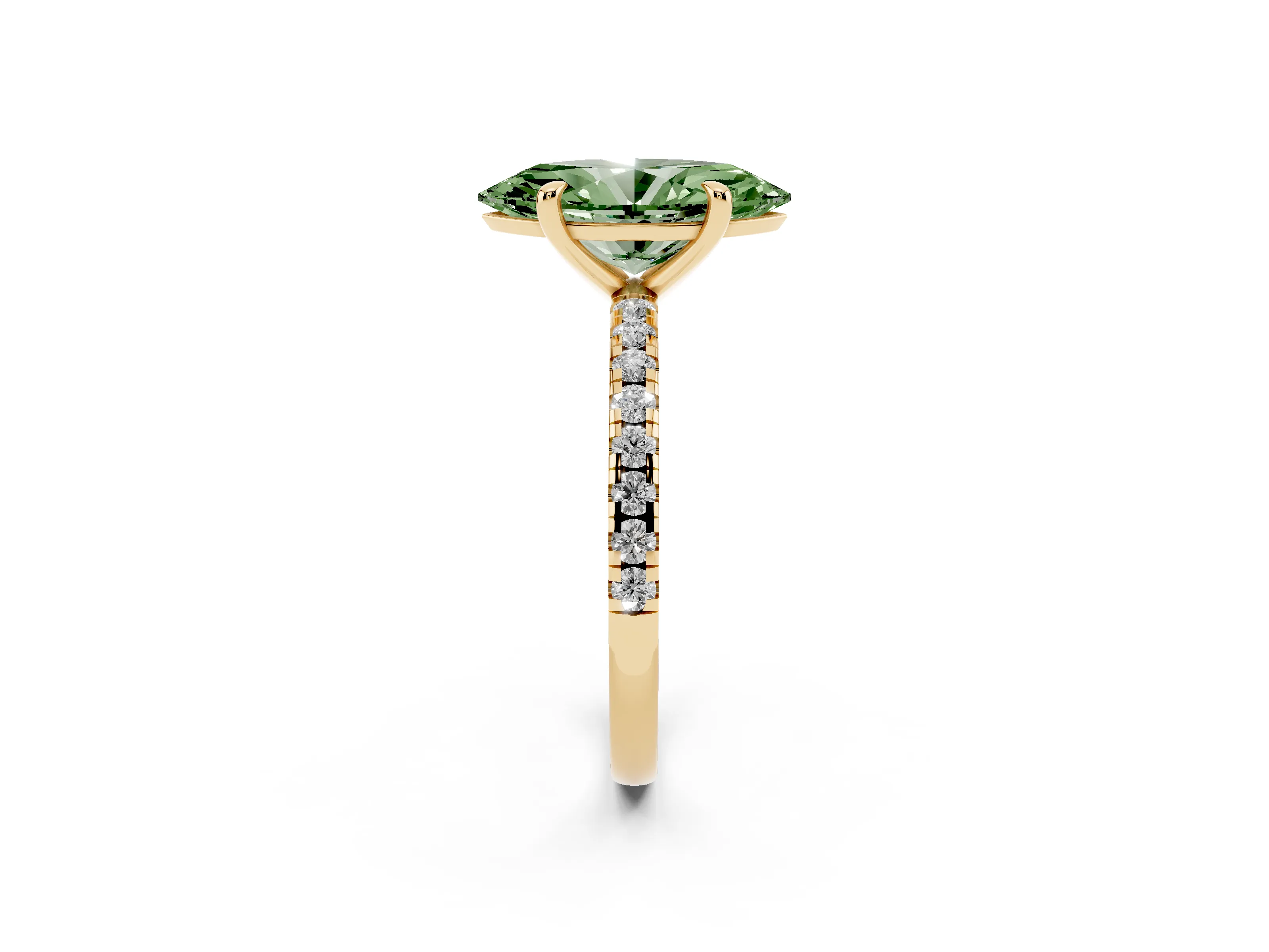 Fancy Green Marquise Cut Diamond Brilliant Solitaire Ring Set in Yellow gold with Pavé Band and Prong Setting