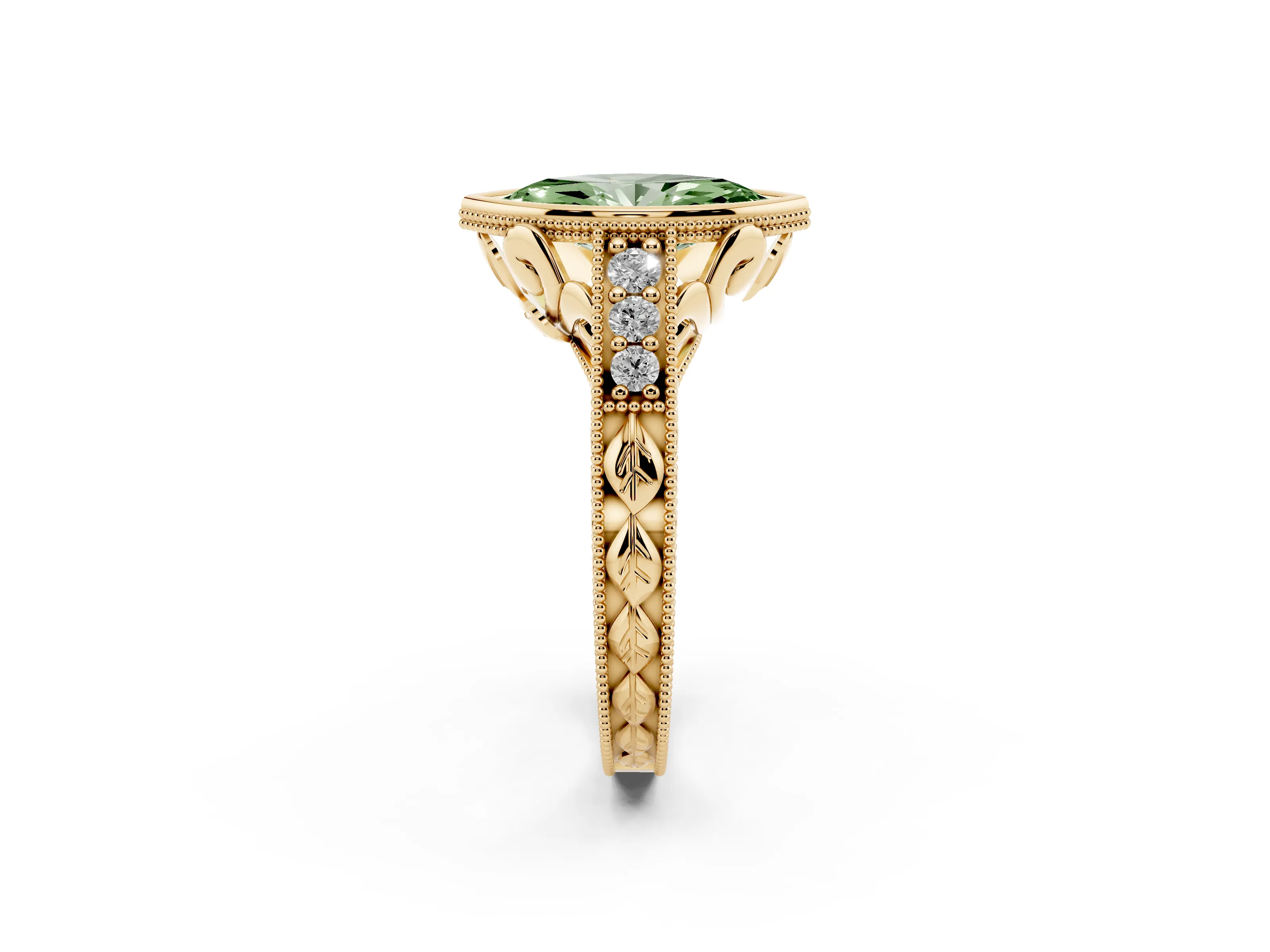 Fancy Green Bezel Set Marquise Cut Diamond Milgrain Pavé Engagement Ring Set in Yellow gold