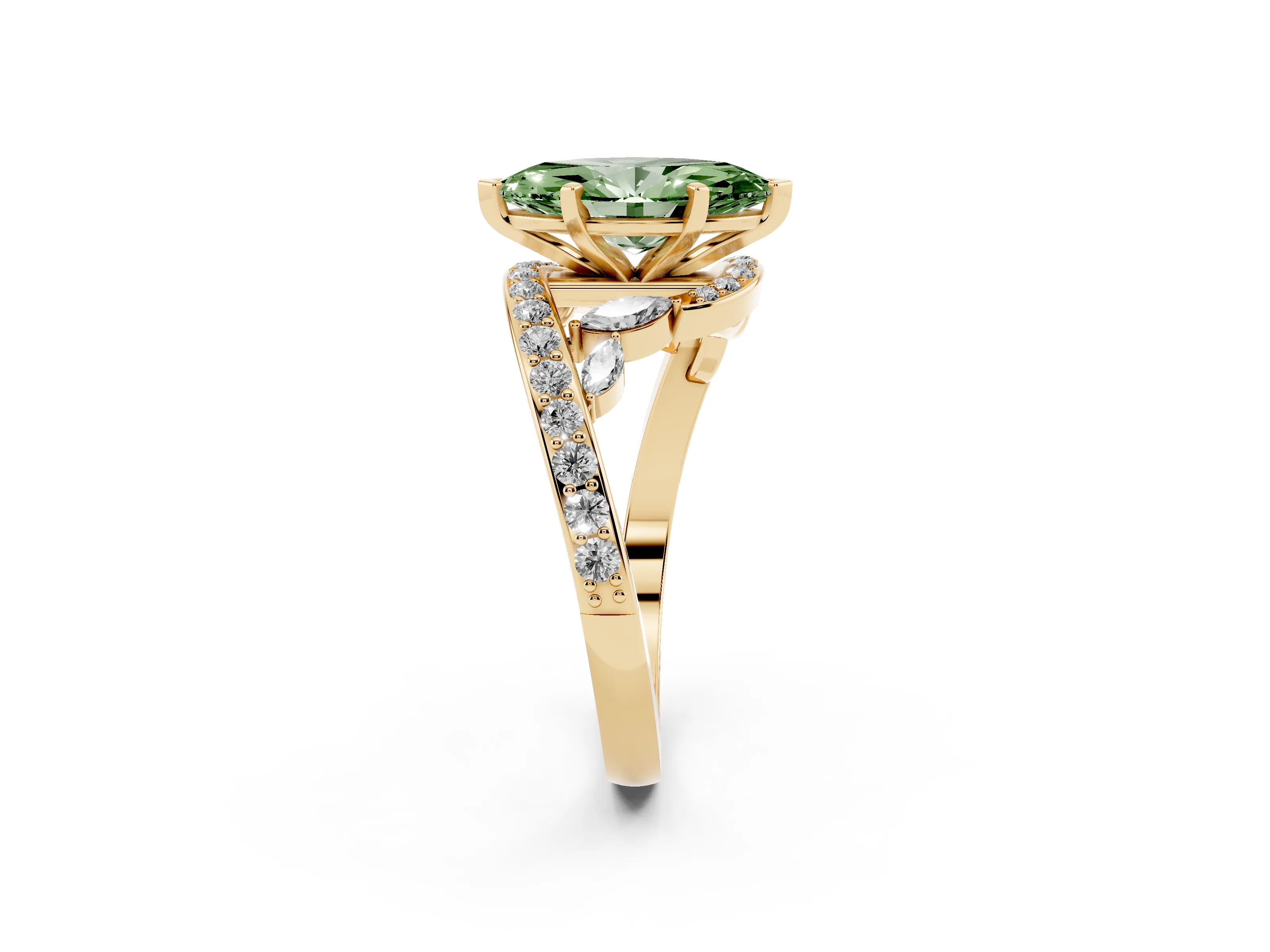 Fancy Green Marquise Cut Diamond Solitaire Ring Set in Yellow gold with Pavé Twist Band and Secure Prong Setting