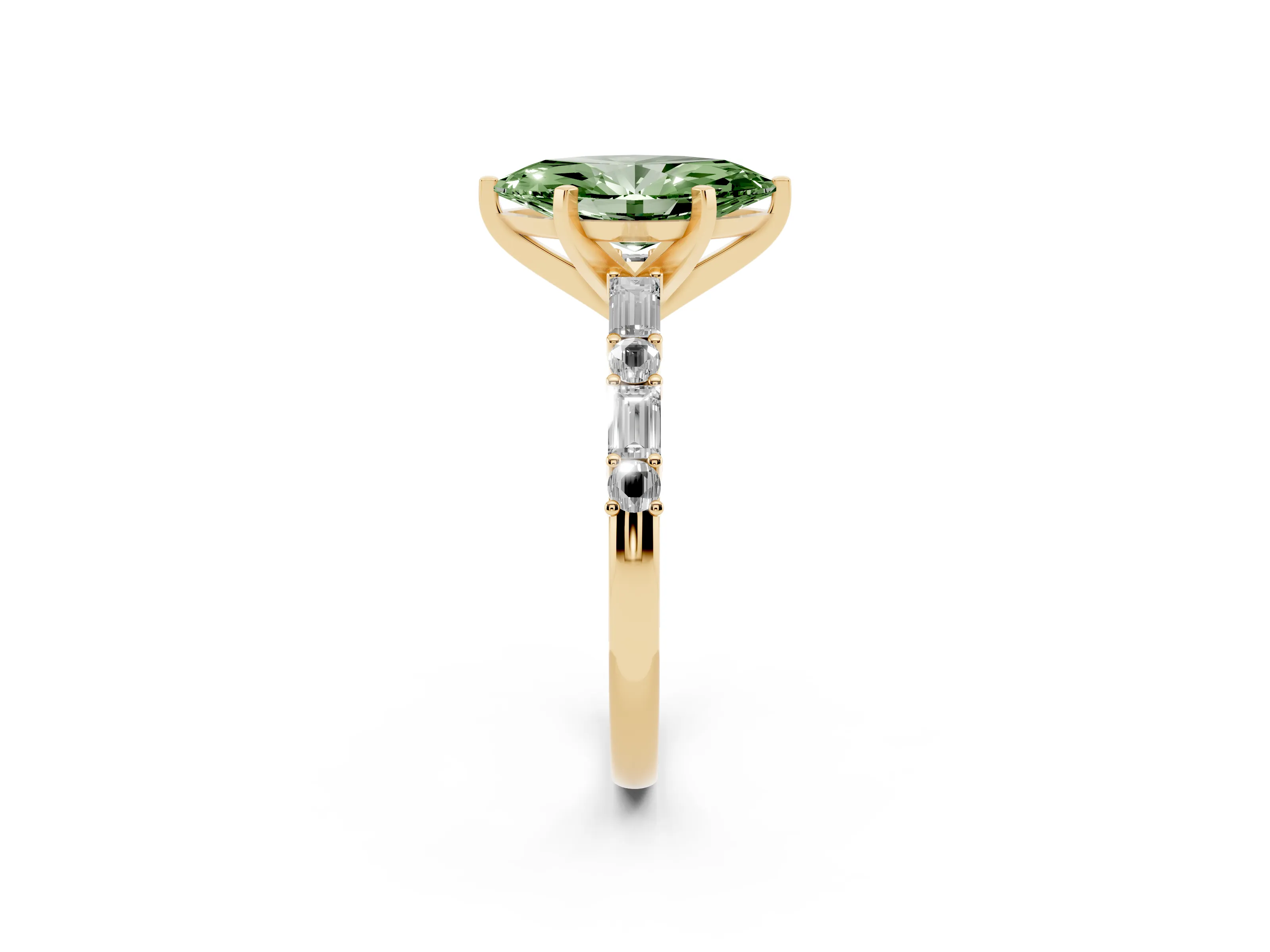 Fancy Green Marquise Cut Diamond Solitaire Set in Yellow gold with Side Baguettes and Channel Set Band
