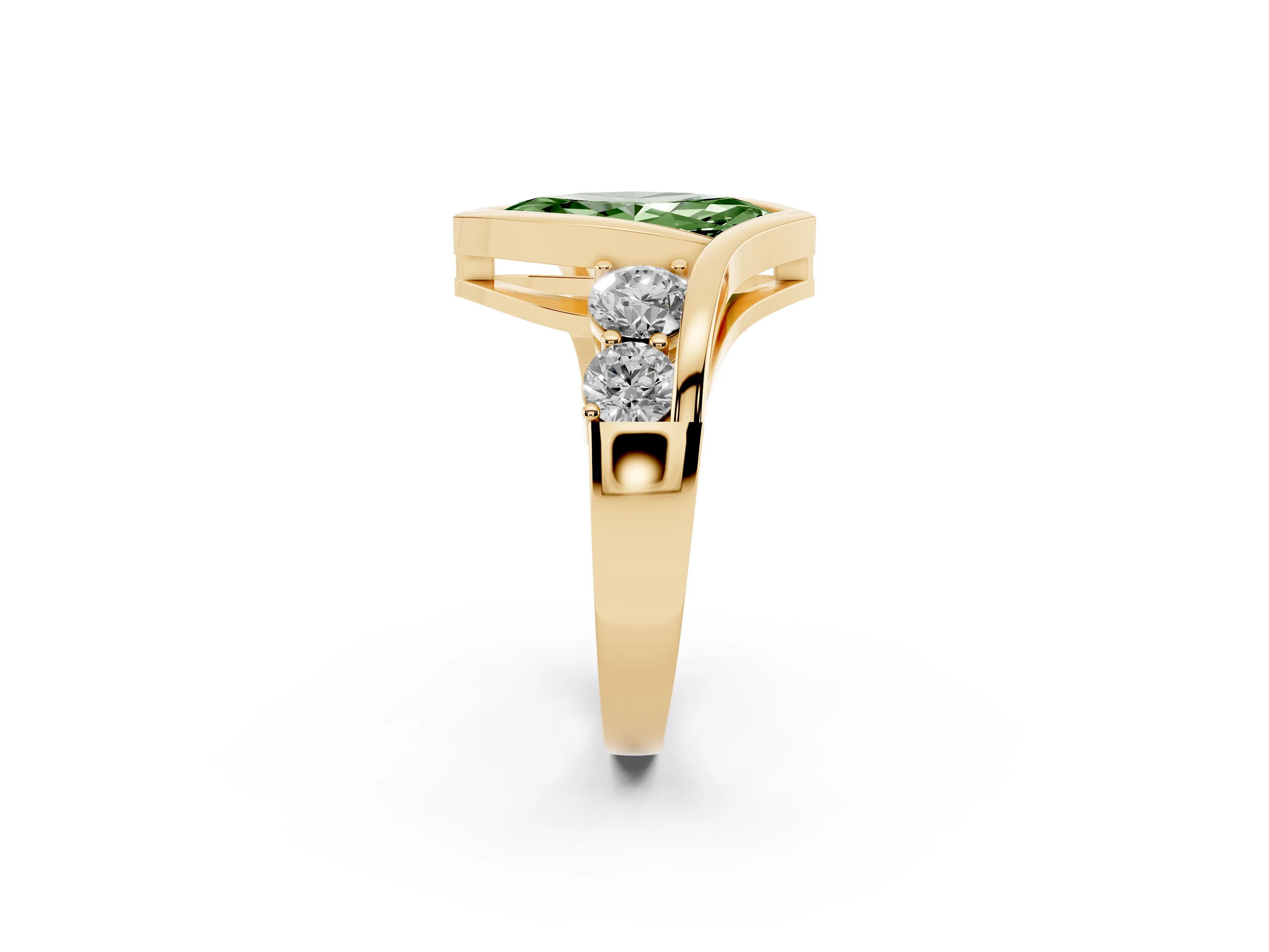 Fancy Green Marquise Cut Diamond Bezel Bypass Ring Set in Yellow gold with Round Accents