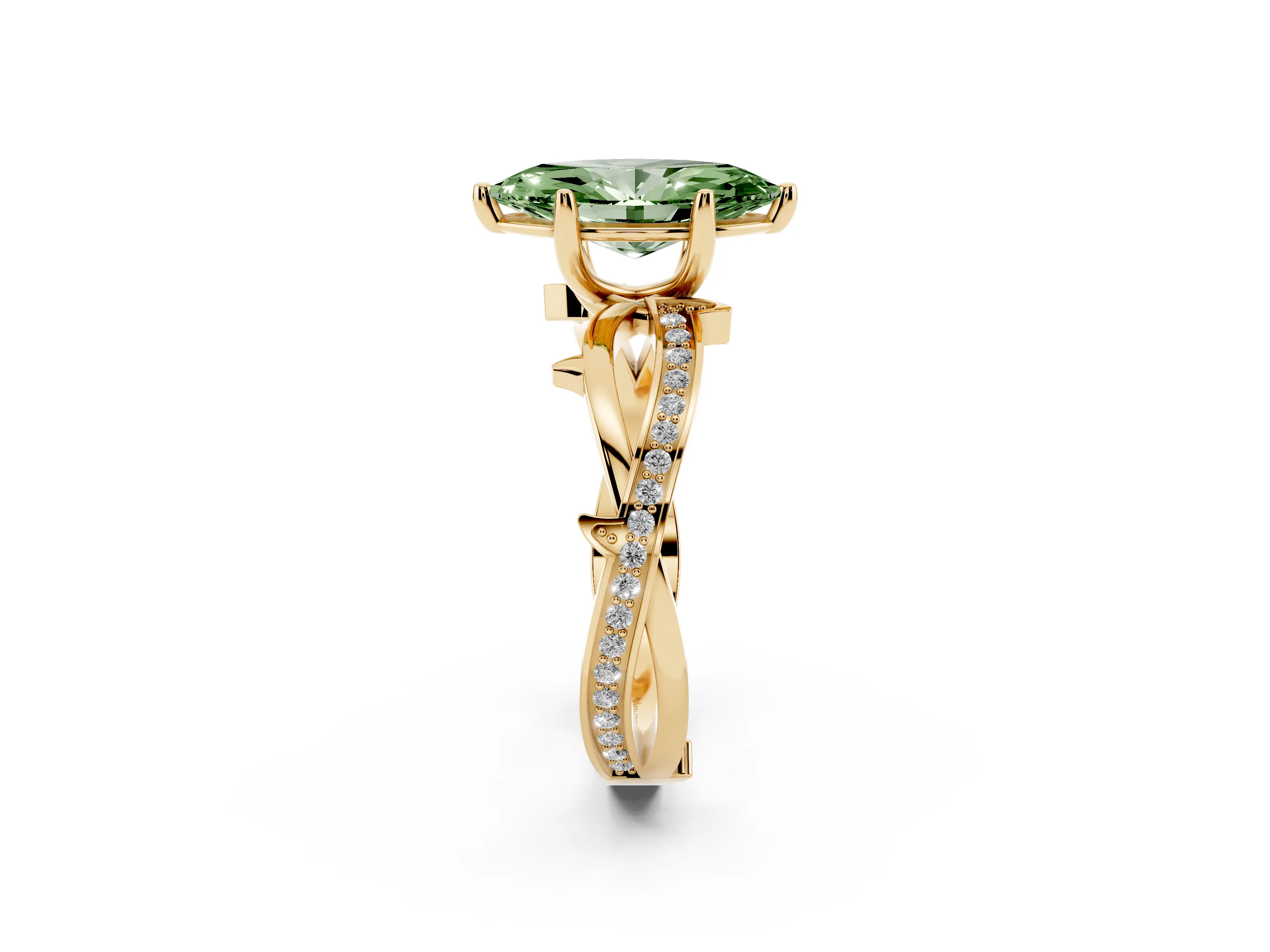 Fancy Green Marquise Cut Diamond Pavé Twist Band Solitaire Ring Set in Yellow gold with Prong Setting
