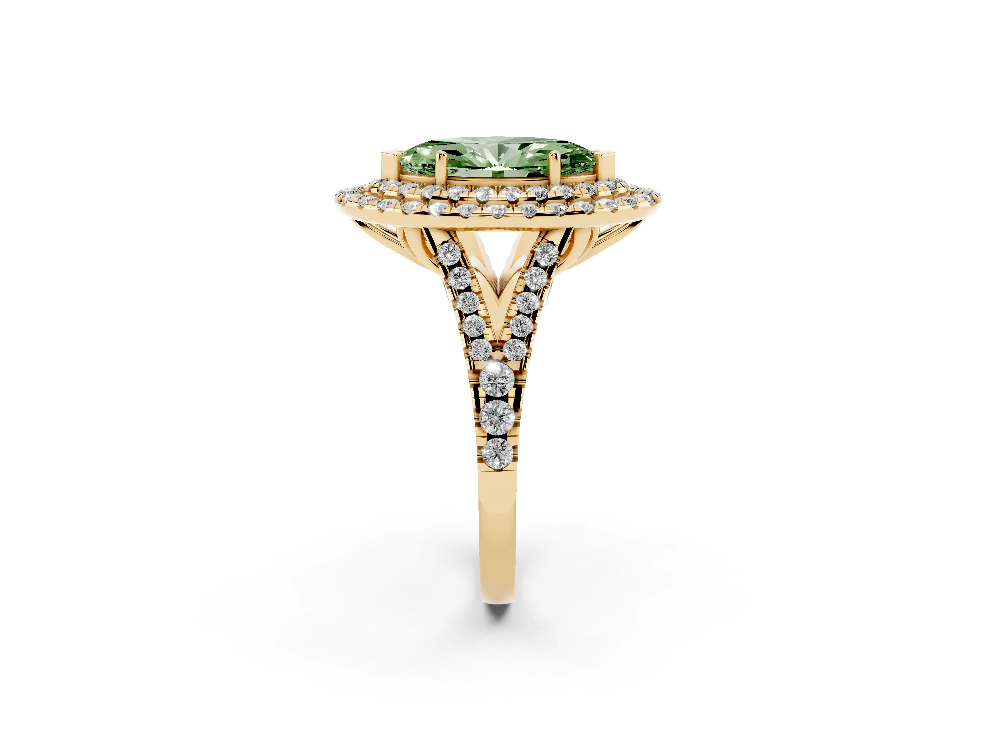 Fancy Green Marquise Cut Diamond Double Halo Ring Set in Yellow gold with Pavé Split Shank and Prong Setting