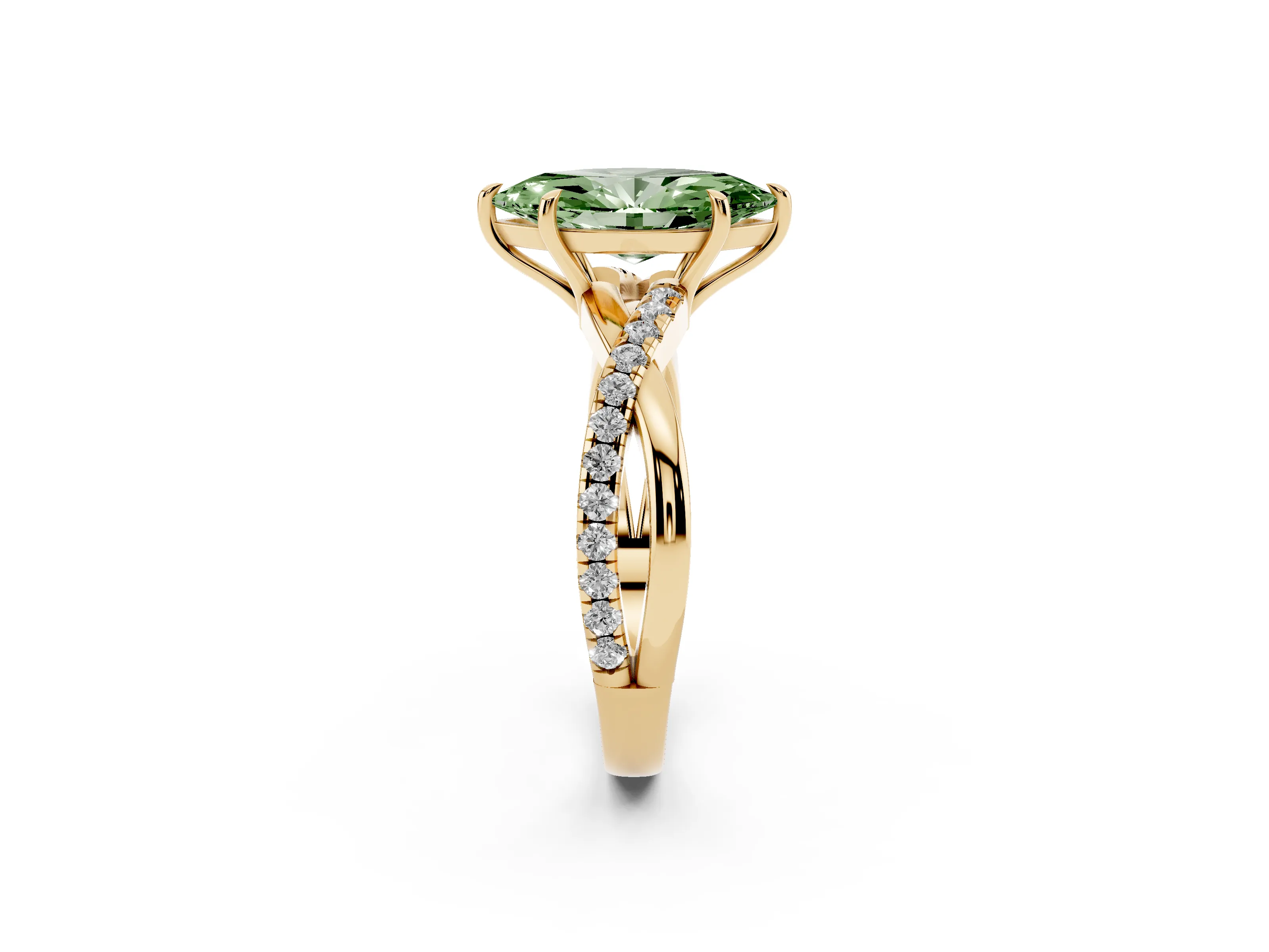 Fancy Green Marquise Cut Diamond Twisted Pavé Band Ring Set in Yellow gold with Prong Setting