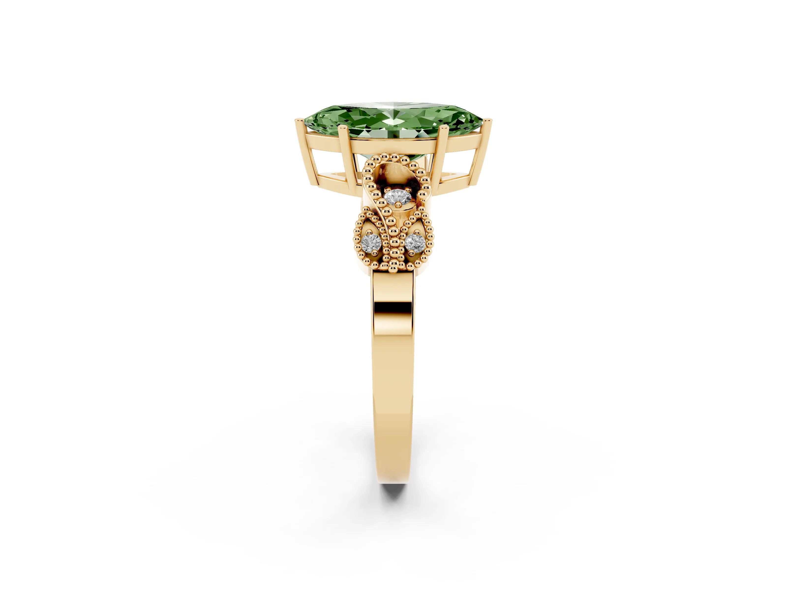 Fancy Green Marquise Cut Diamond Milgrain Leaf Band Solitaire Ring Set in Yellow gold with Accent Stones and Prong Setting