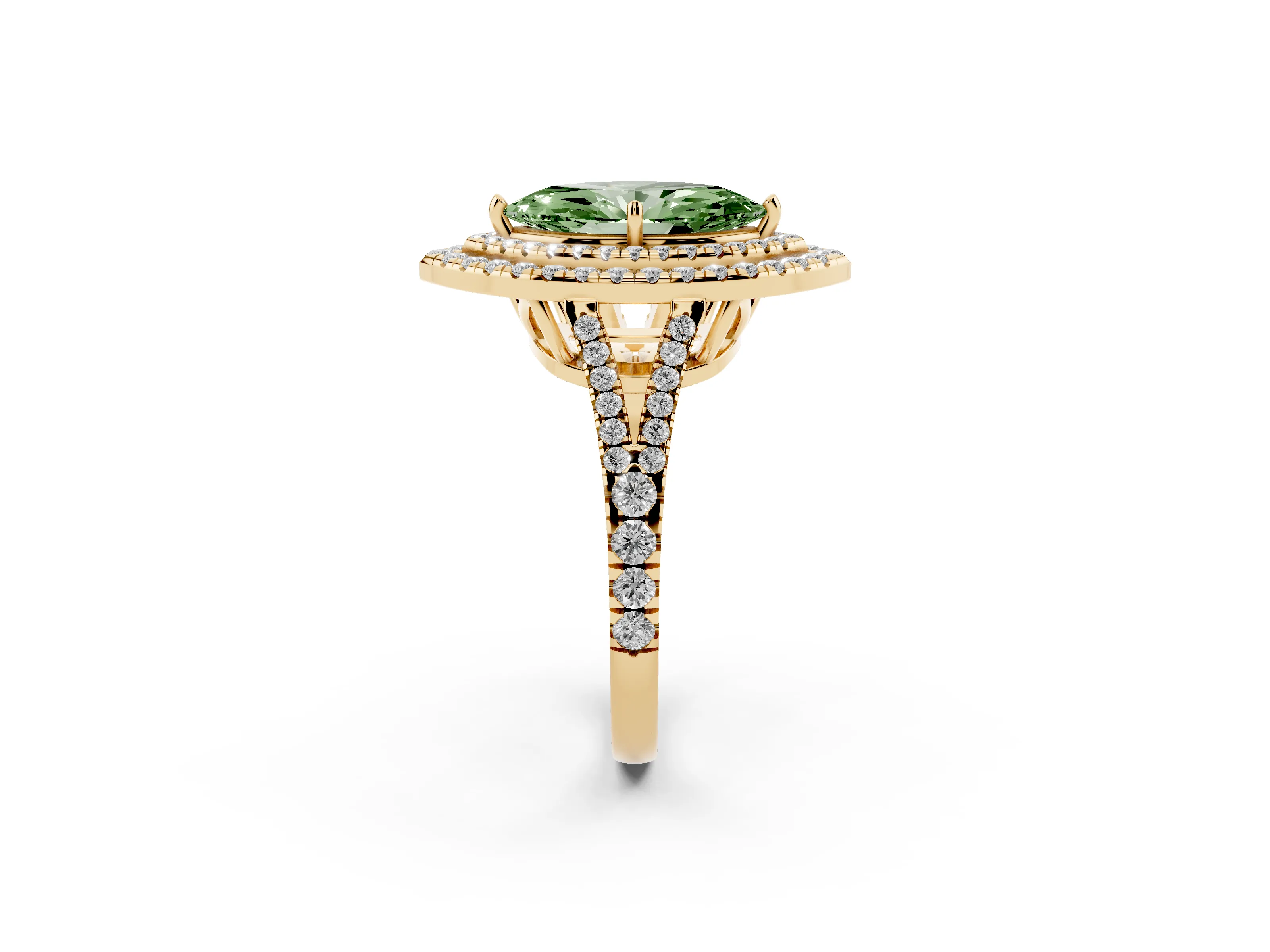 Fancy Green Marquise Cut Diamond Double Halo Ring Set in Yellow gold with Pavé Band