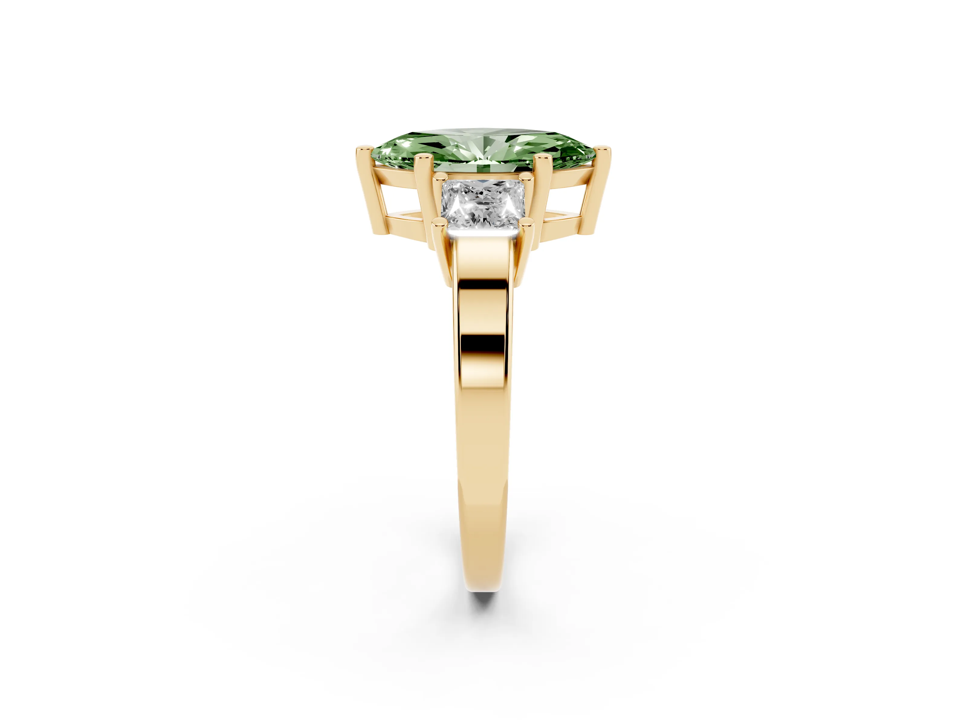 Fancy Green Three-Stone Marquise Cut Diamond Solitaire Ring Set in Yellow gold with Prong Setting