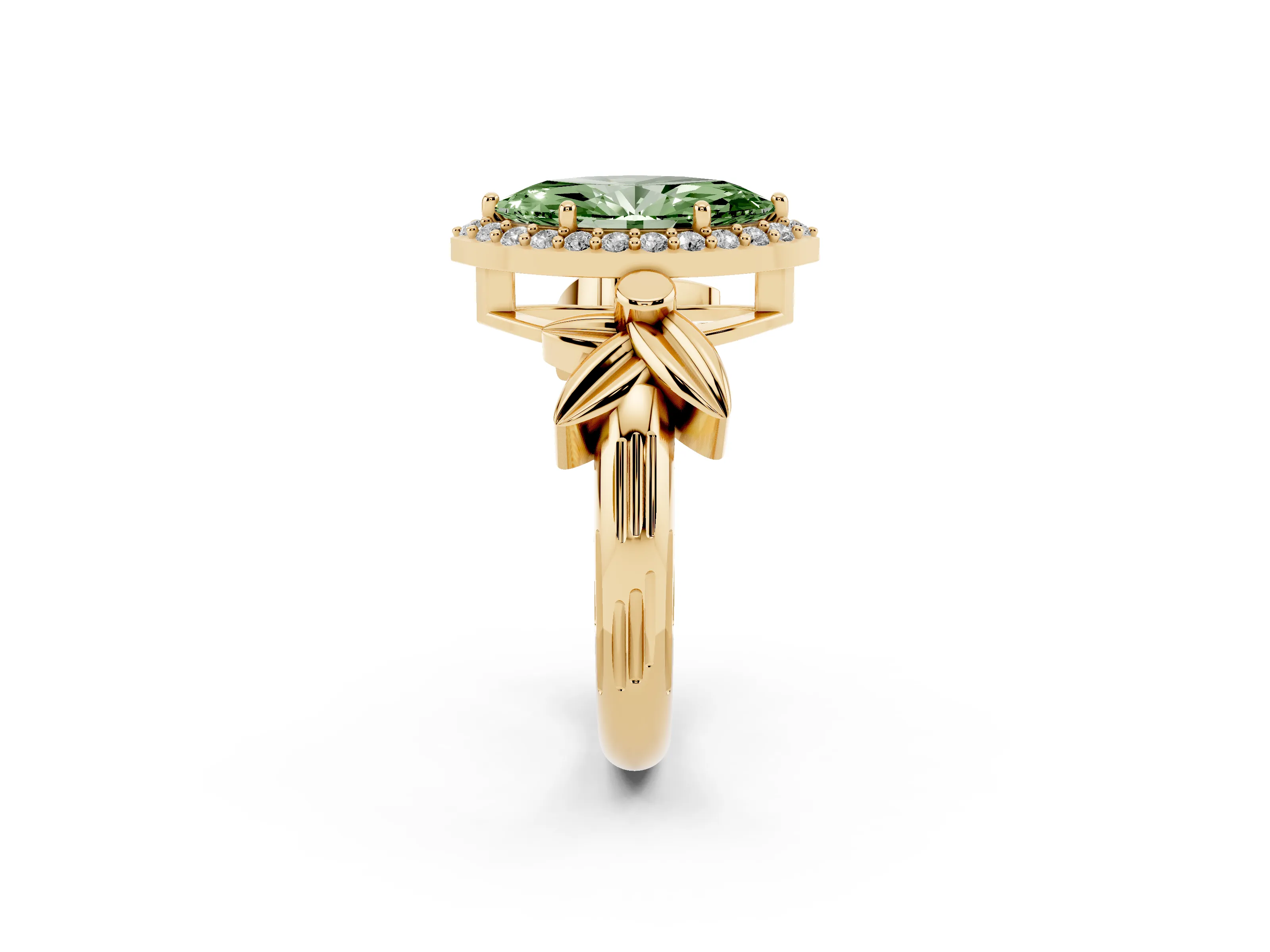 Fancy Green Marquise Cut Diamond Halo Floral Band Ring Set in Yellow gold with Prong Setting