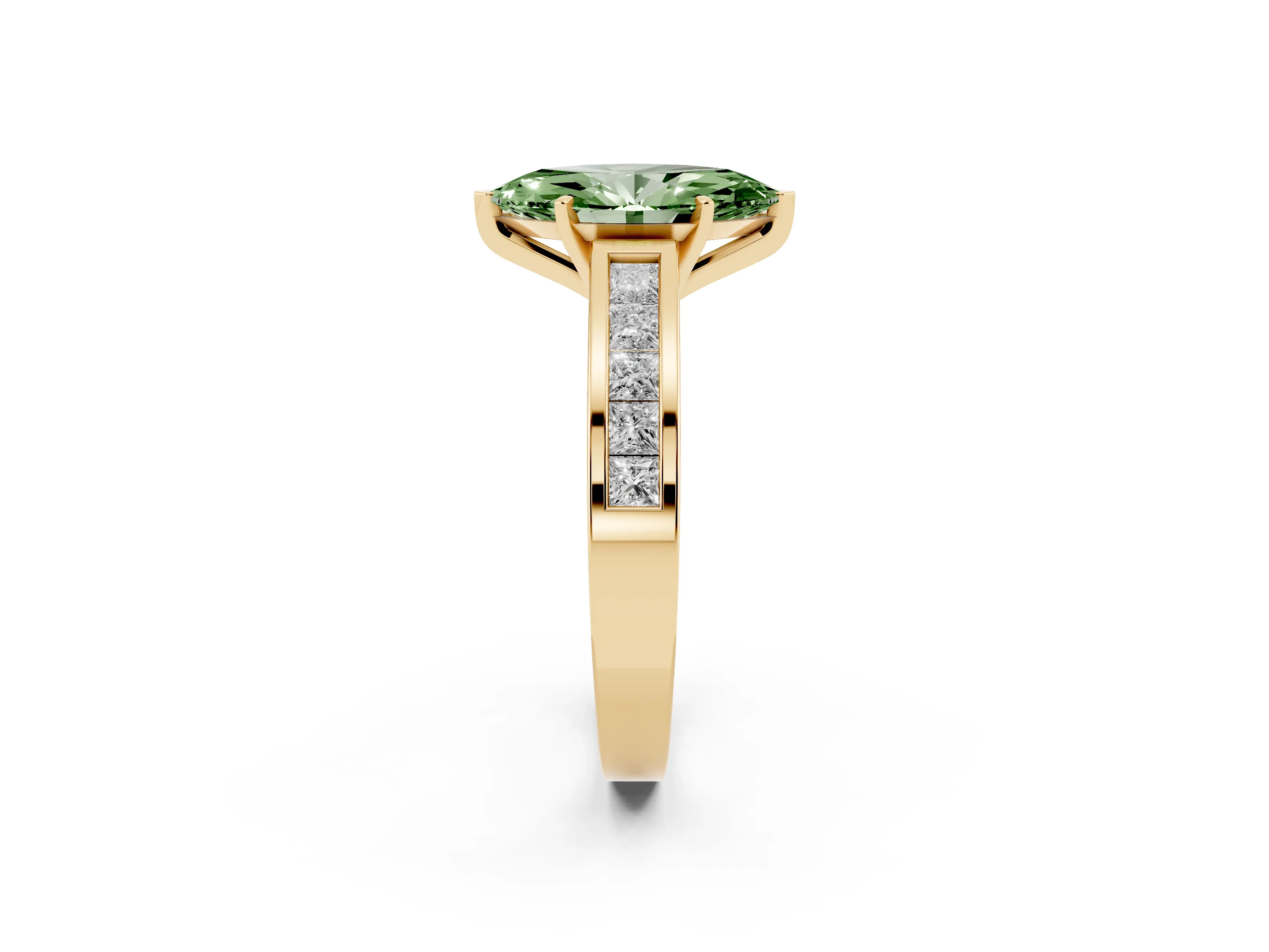 Fancy Green Marquise Cut Diamond Solitaire Ring Set in Yellow gold with Channel-Set Band and Prong Setting