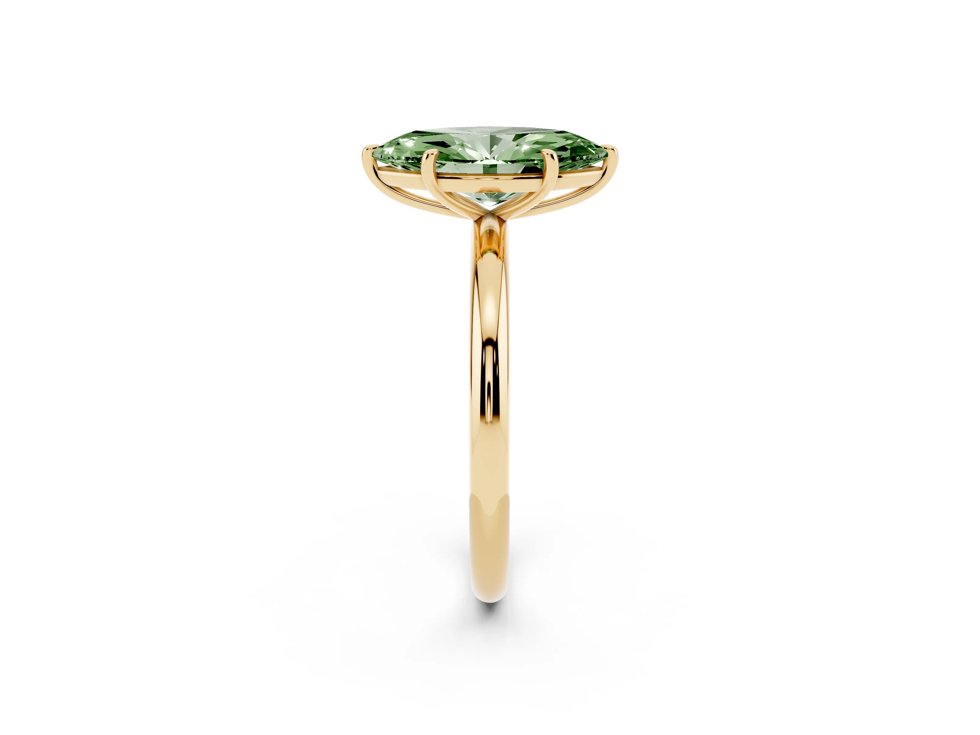 Fancy Green Marquise Cut Diamond Solitaire Ring Set in Yellow gold with Prong Setting on a Polished Plain Band