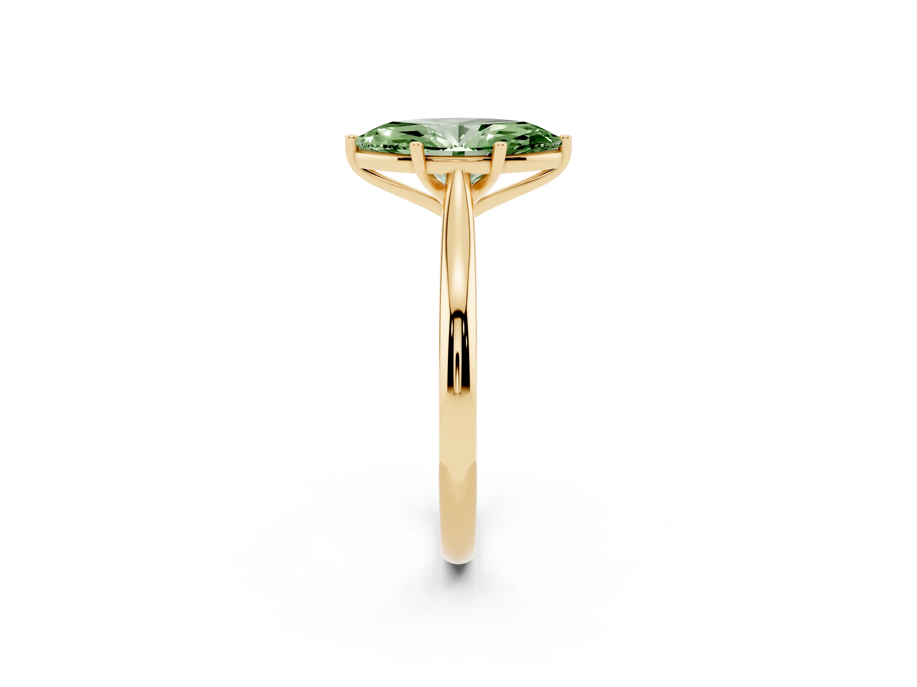 Fancy Green Marquise Cut Diamond Solitaire Ring Set in Yellow gold with Cathedral Band and Prong Setting