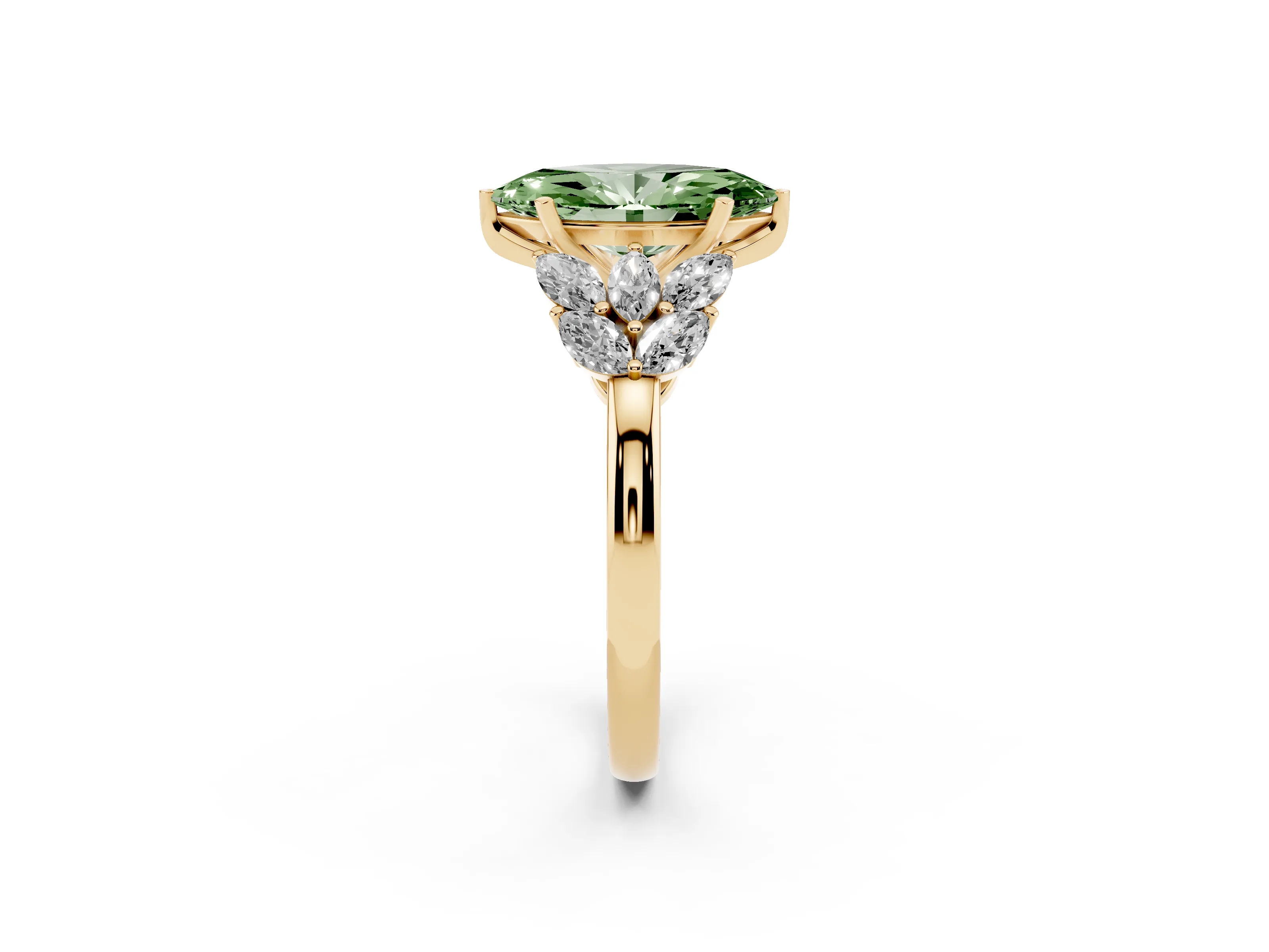 Fancy Green Marquise Cut Diamond Cluster Leaf Design Ring Set in Yellow gold with Prong Setting