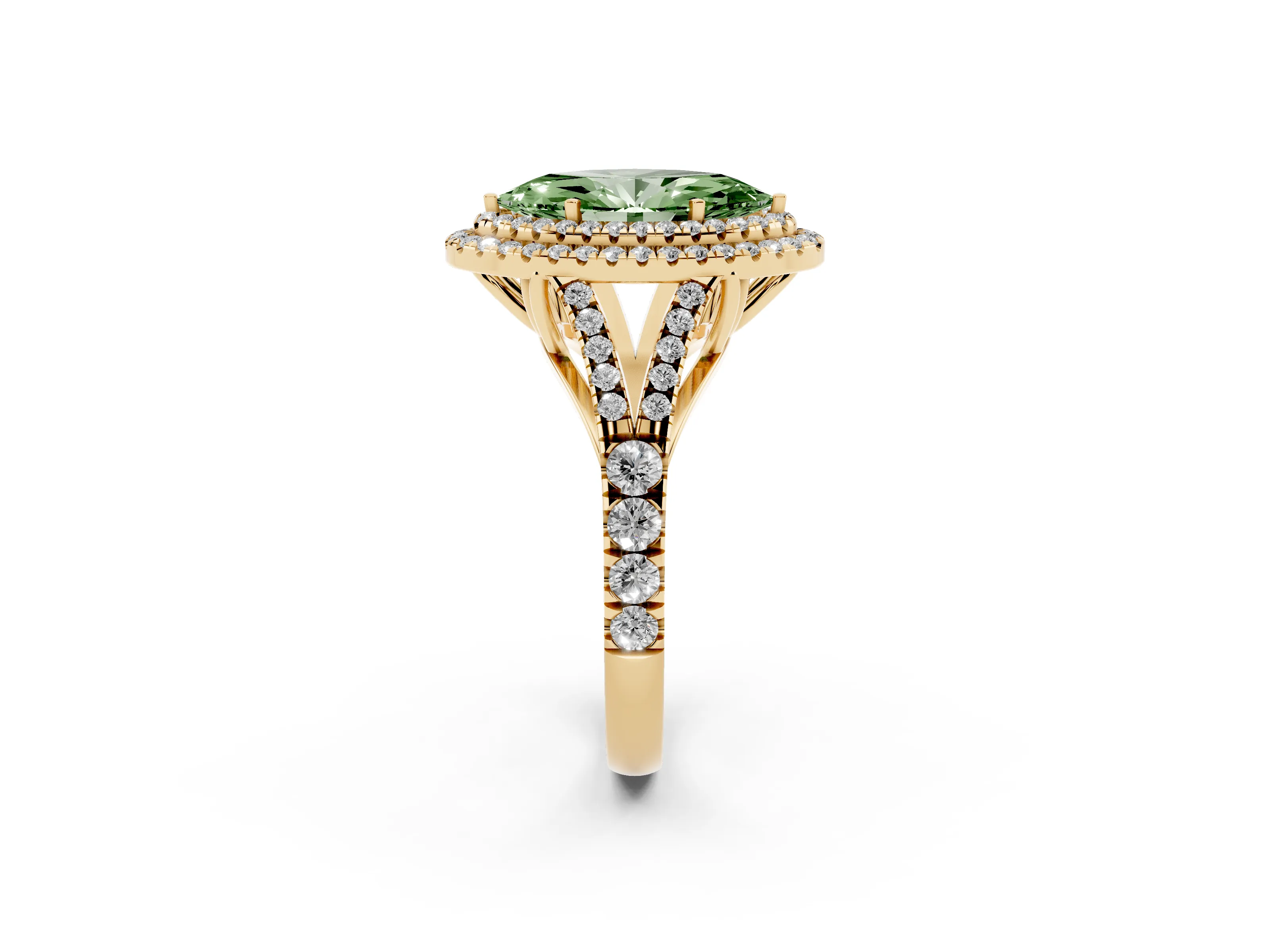 Fancy Green Marquise Cut Diamond Pavé Split Shank Double Halo Engagement Ring Set in Yellow gold