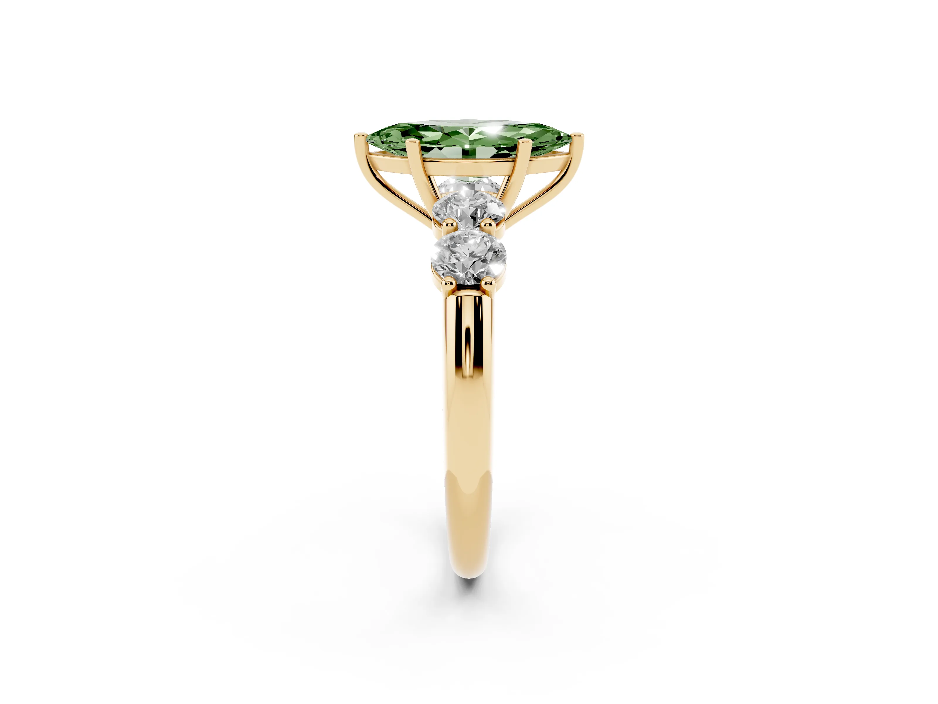 Fancy Green Marquise Cut Diamond Five-Stone Prong Set Ring Set in Yellow gold with Classic Band