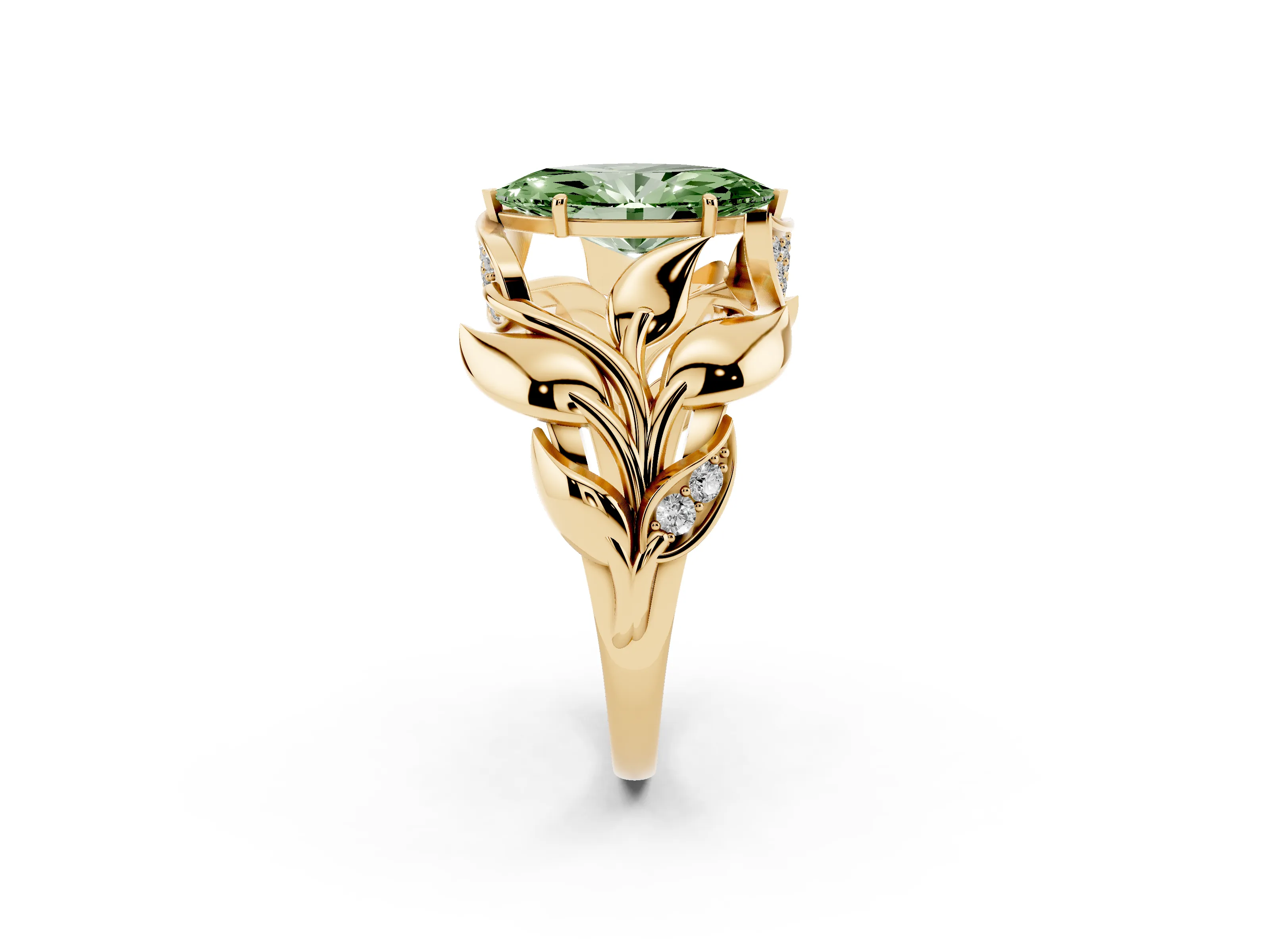 Fancy Green Marquise Cut Diamond Leaf-Inspired Engagement Ring Set in Yellow gold with Round Accents