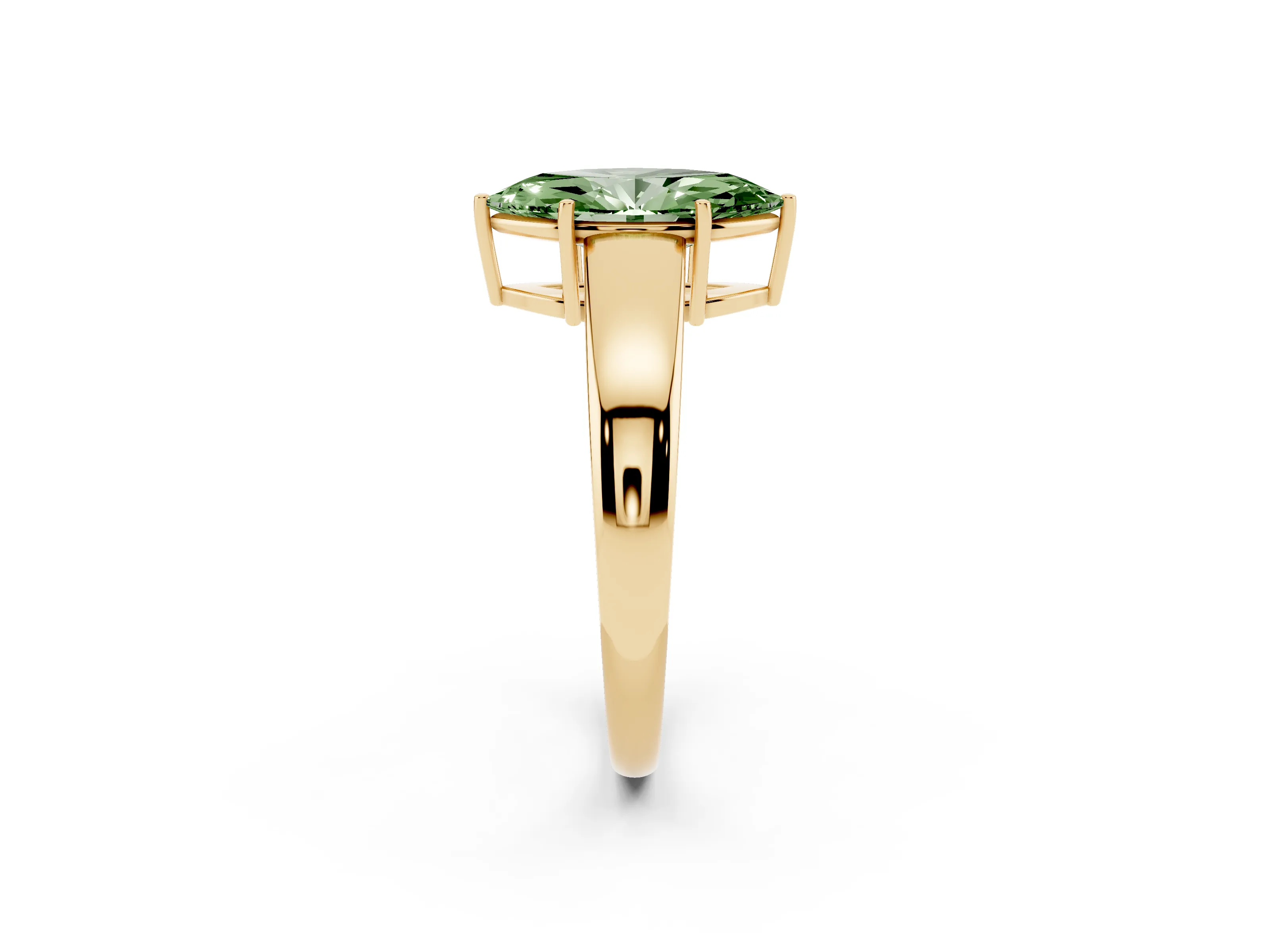 Fancy Green Marquise Cut Diamond Solitaire Ring Set in Yellow gold with Tapered Band and Prong Setting