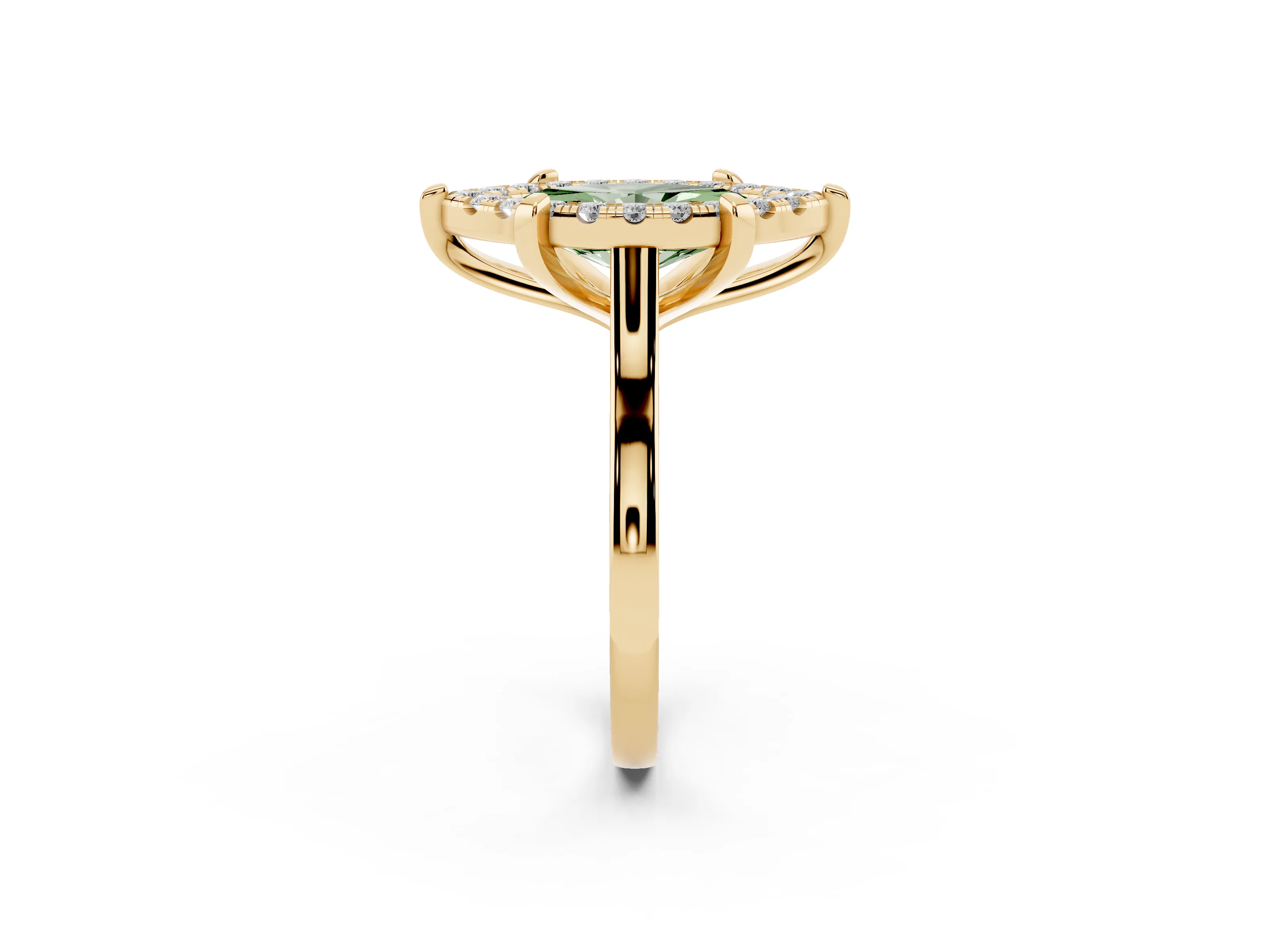 Fancy Green Marquise Cut Diamond Cluster Halo Solitaire Ring Set in Yellow gold with Prong Setting