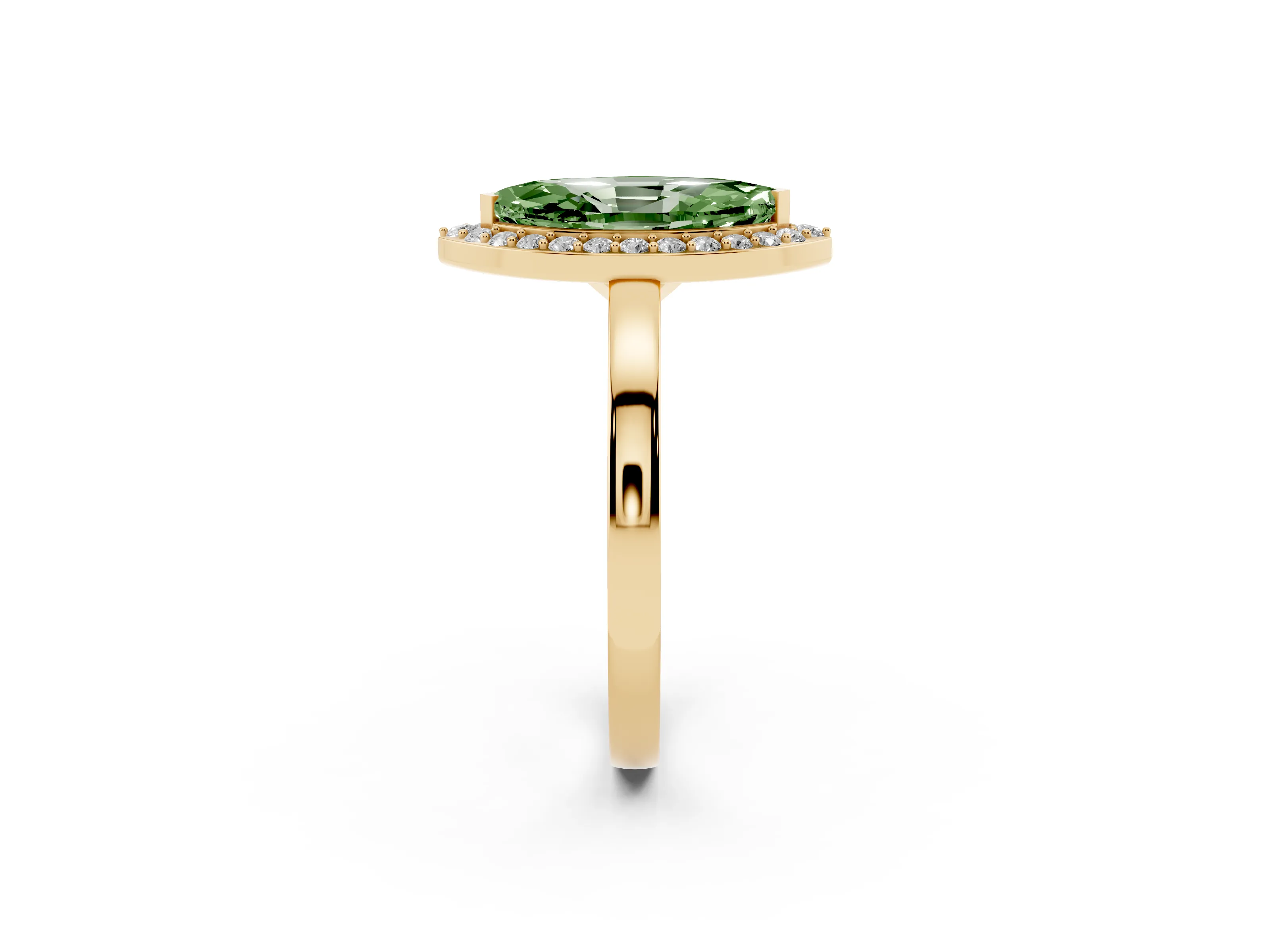 Fancy Green Marquise Cut Diamond Halo Ring Set in Yellow gold with Solitaire Band and Prong Setting
