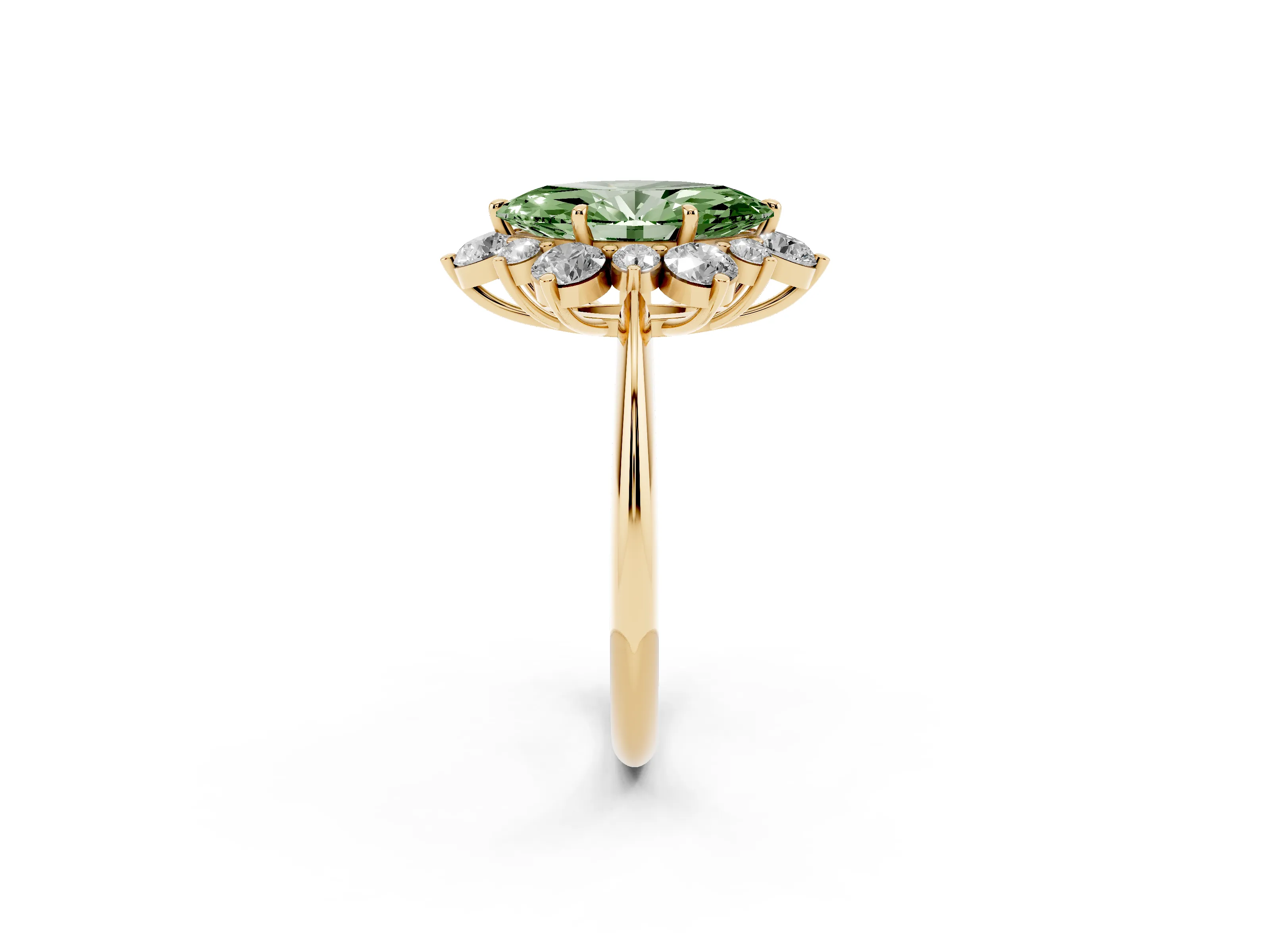 Fancy Green Marquise Cut Diamond Cluster Halo Ring Set in Yellow gold with Solitaire Band and Prong Setting