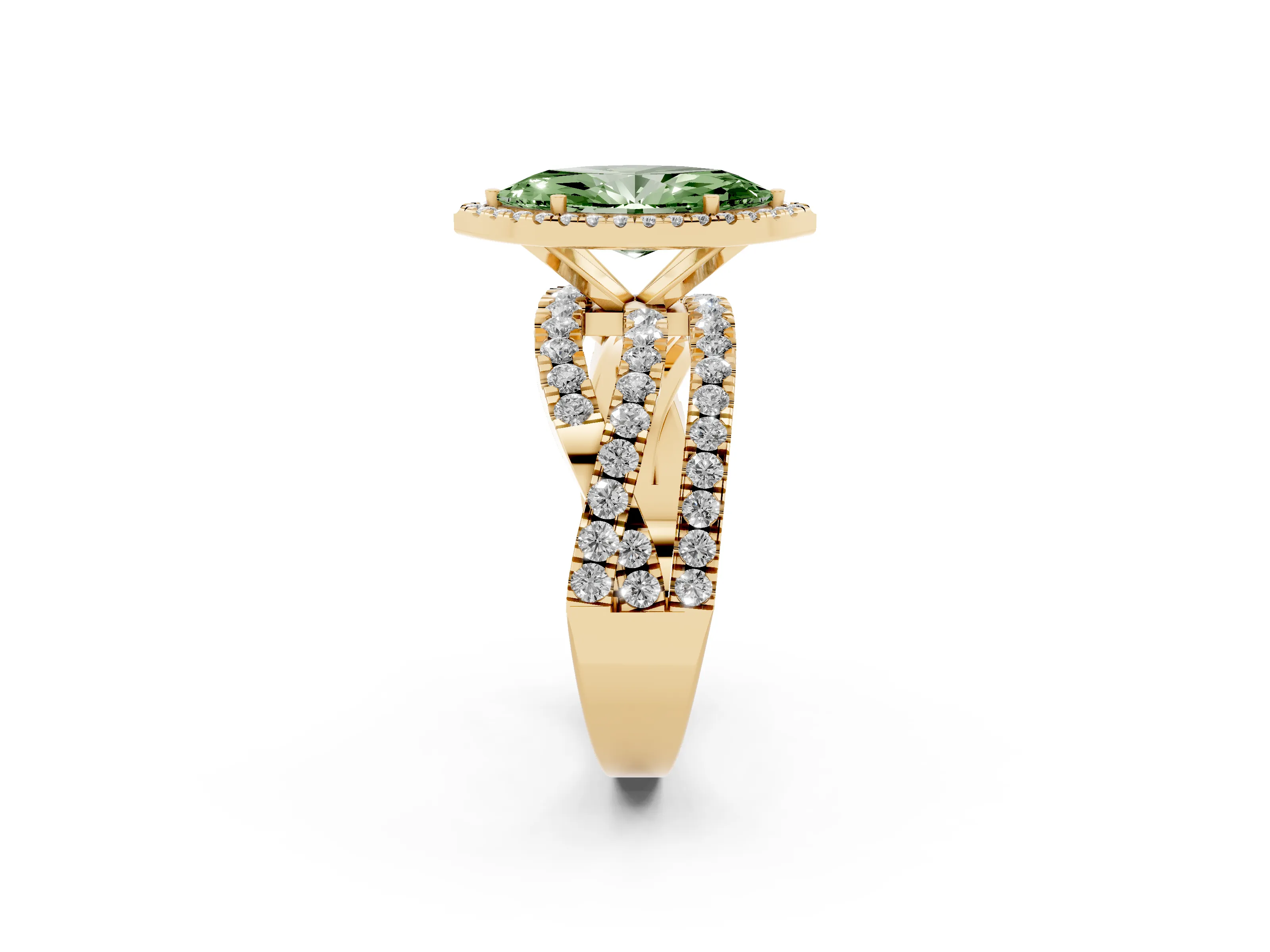 Fancy Green Marquise Cut Diamond Halo Ring Set in Yellow gold with Round Crossover Split Shank and Prong Setting