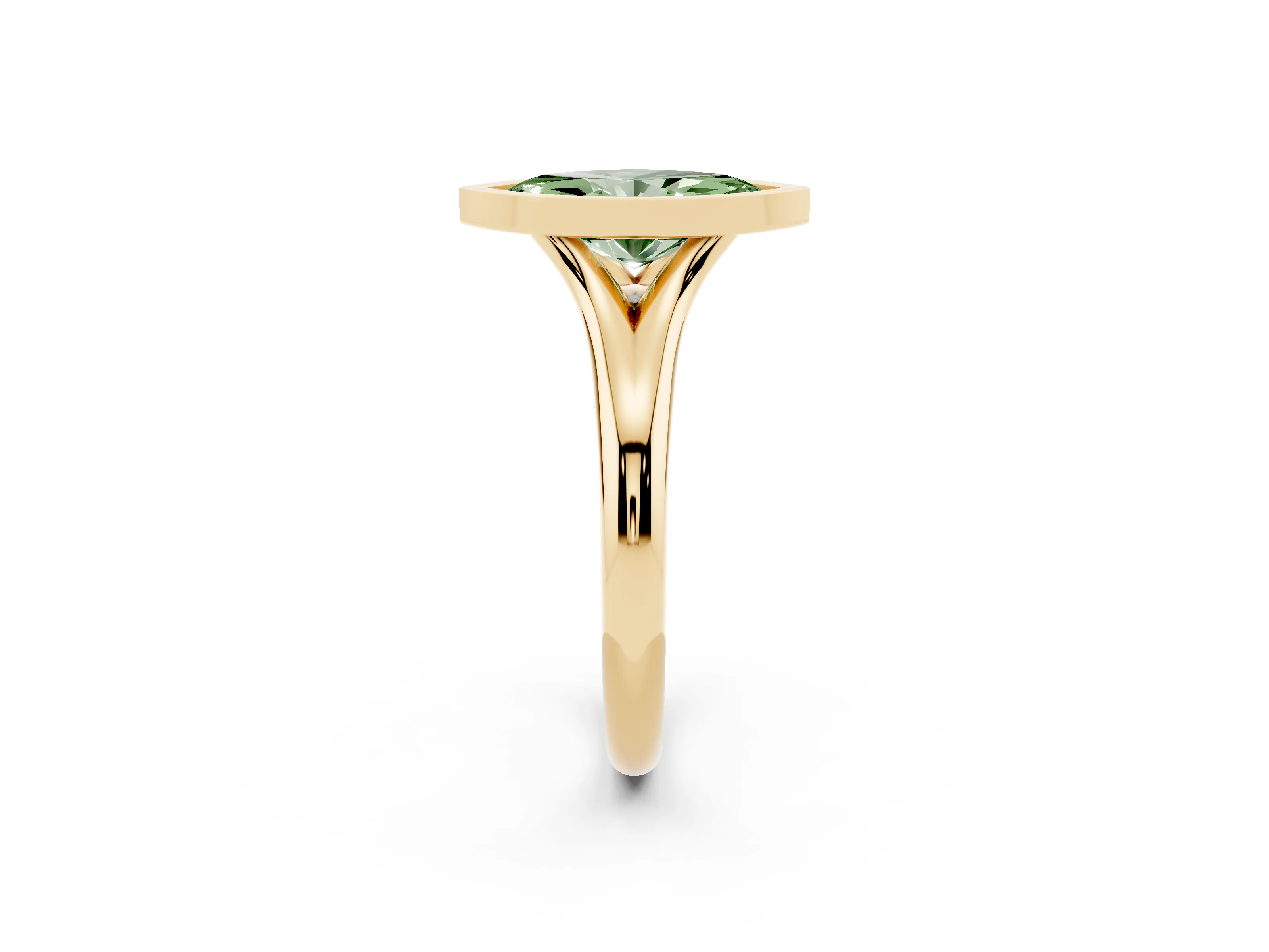 Fancy Green Bezel Set Marquise Cut Diamond Solitaire Ring Set in Yellow gold with Smooth Band