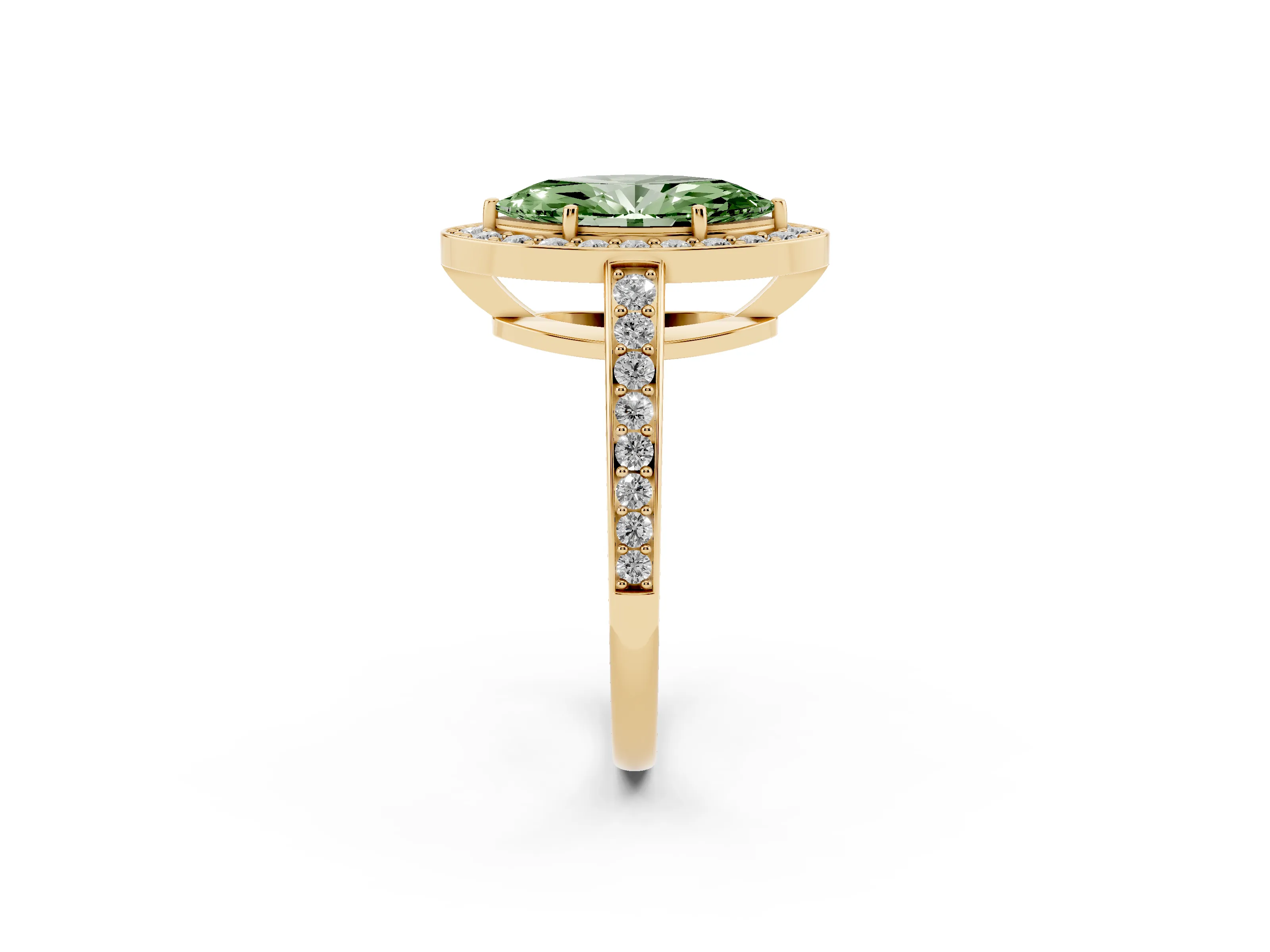 Fancy Green Marquise Cut Diamond Halo Pavé Engagement Ring Set in Yellow gold with Bezel Setting