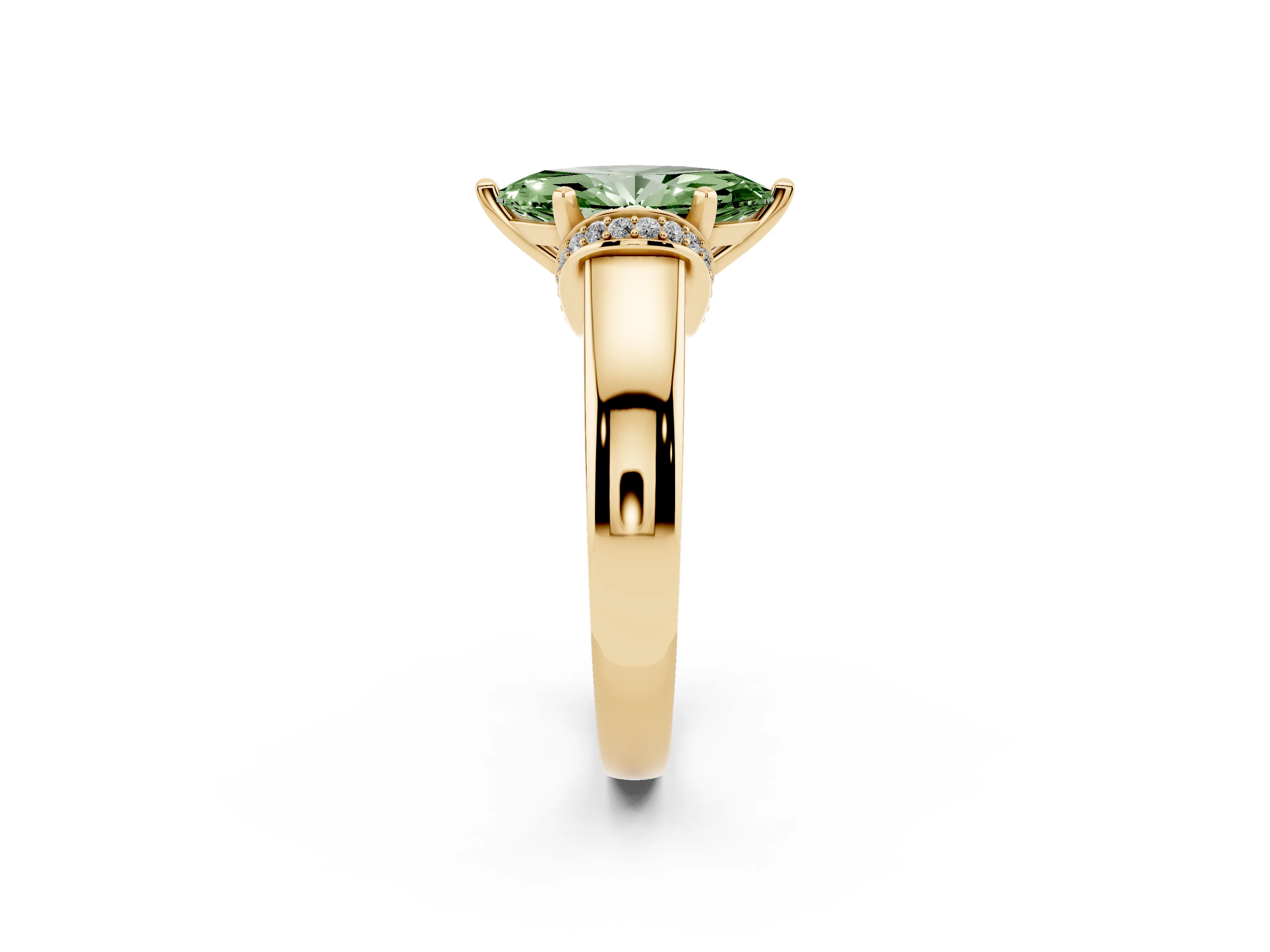 Fancy Green Marquise Cut Diamond Pavé Band Solitaire Ring Set in Yellow gold with Prong Setting