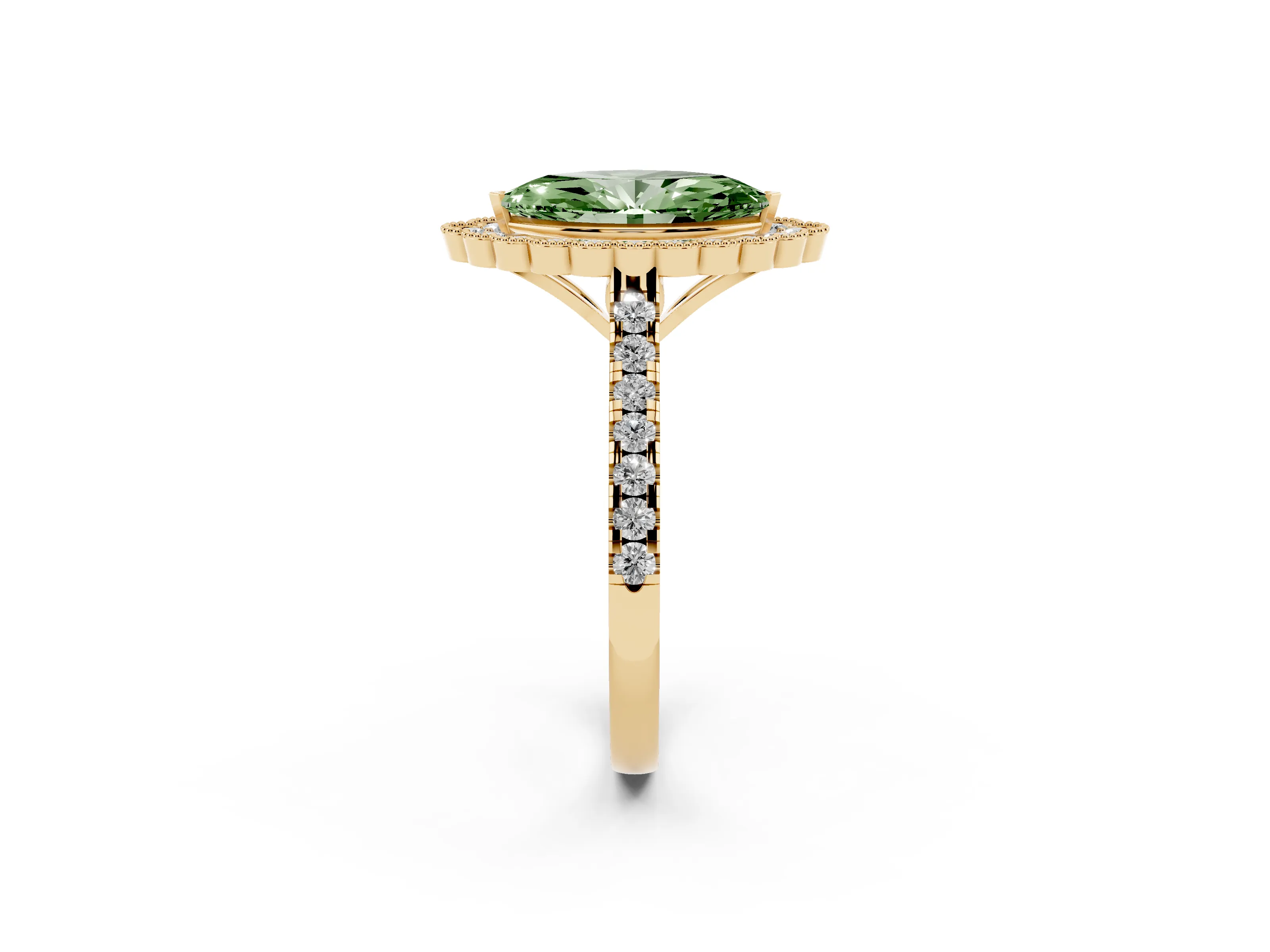 Fancy Green Marquise Cut Diamond Milgrain Floral Halo Engagement Ring Set in Yellow gold with Pavé Band