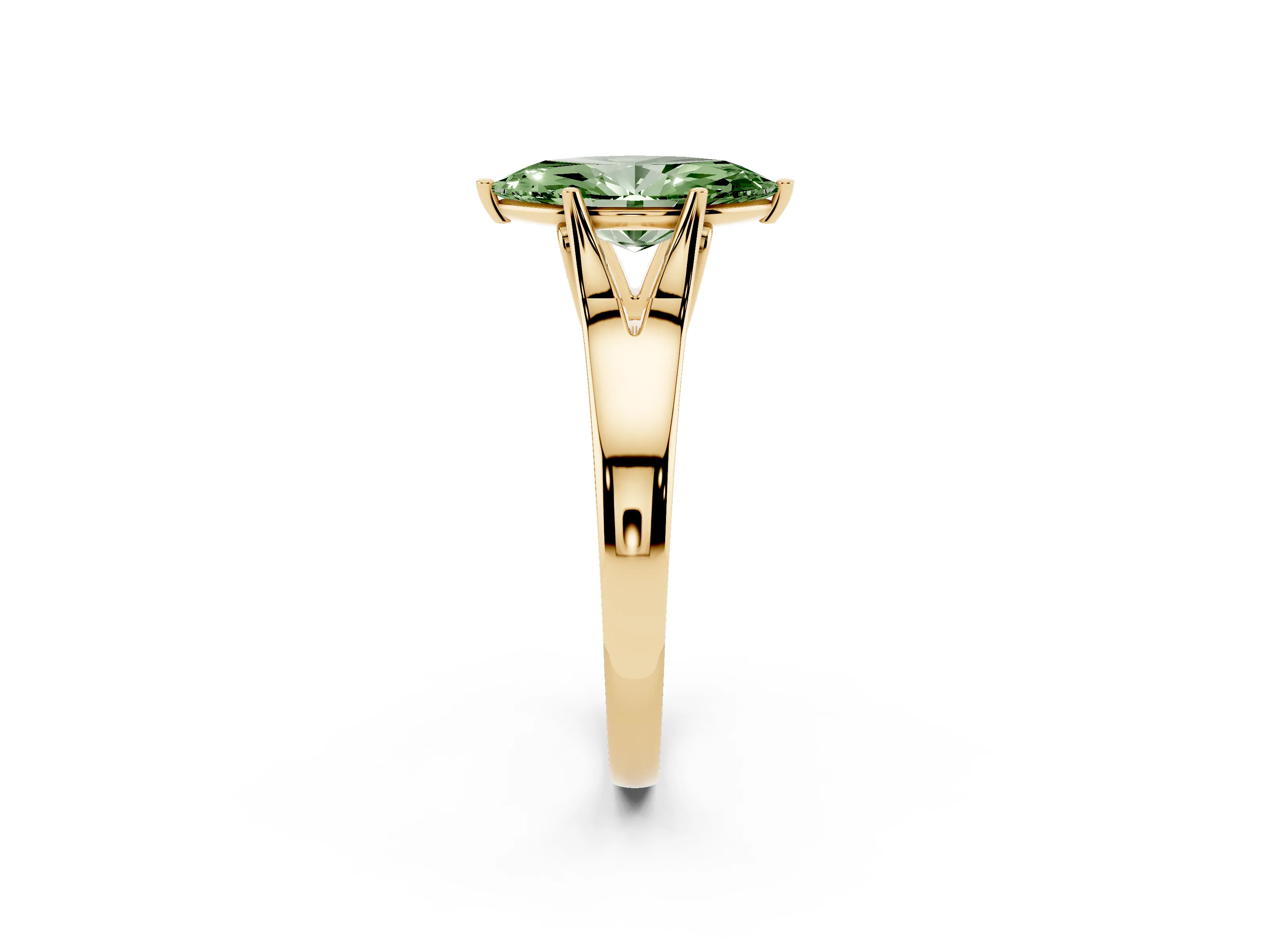 Fancy Green Marquise Cut Diamond Solitaire Ring Set in Yellow gold with Arched Cathedral Band and Prong Setting