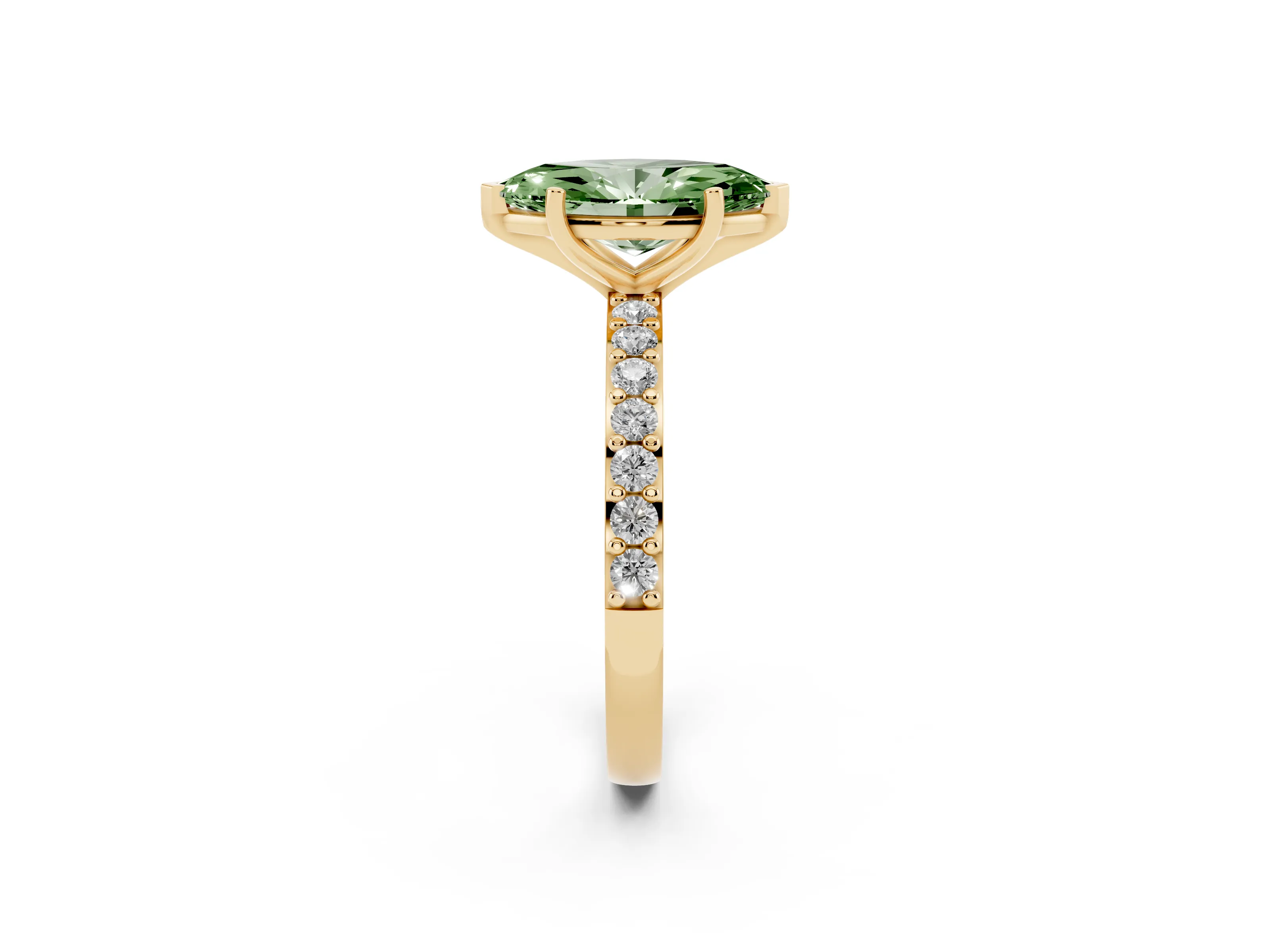 Fancy Green Marquise Cut Diamond Solitaire Set in Yellow gold with Round Pavé Band and Prong Setting