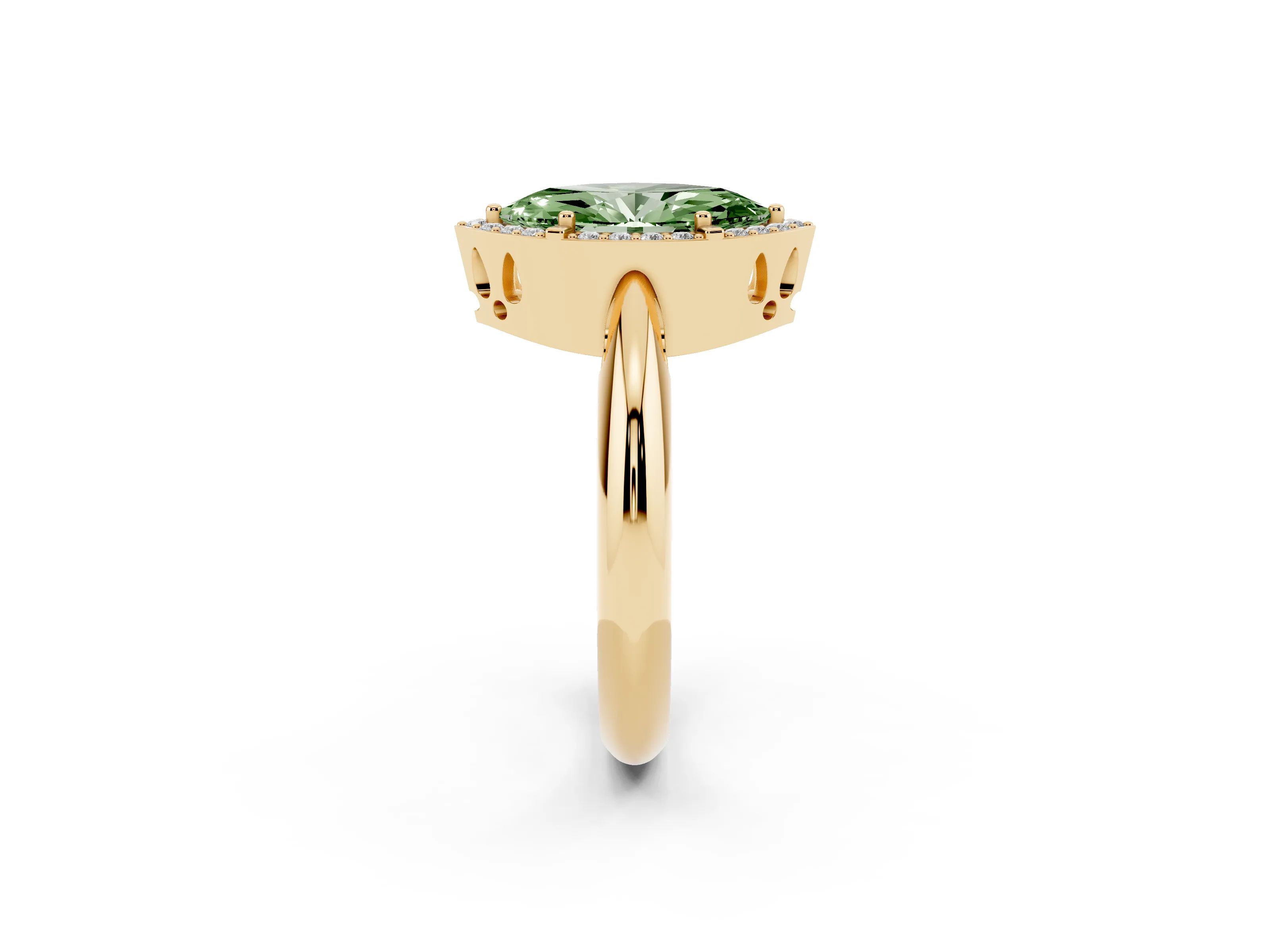 Fancy Green Marquise Cut Diamond Halo Engagement Ring Set in Yellow gold with Plain Split Shank and Prong Setting