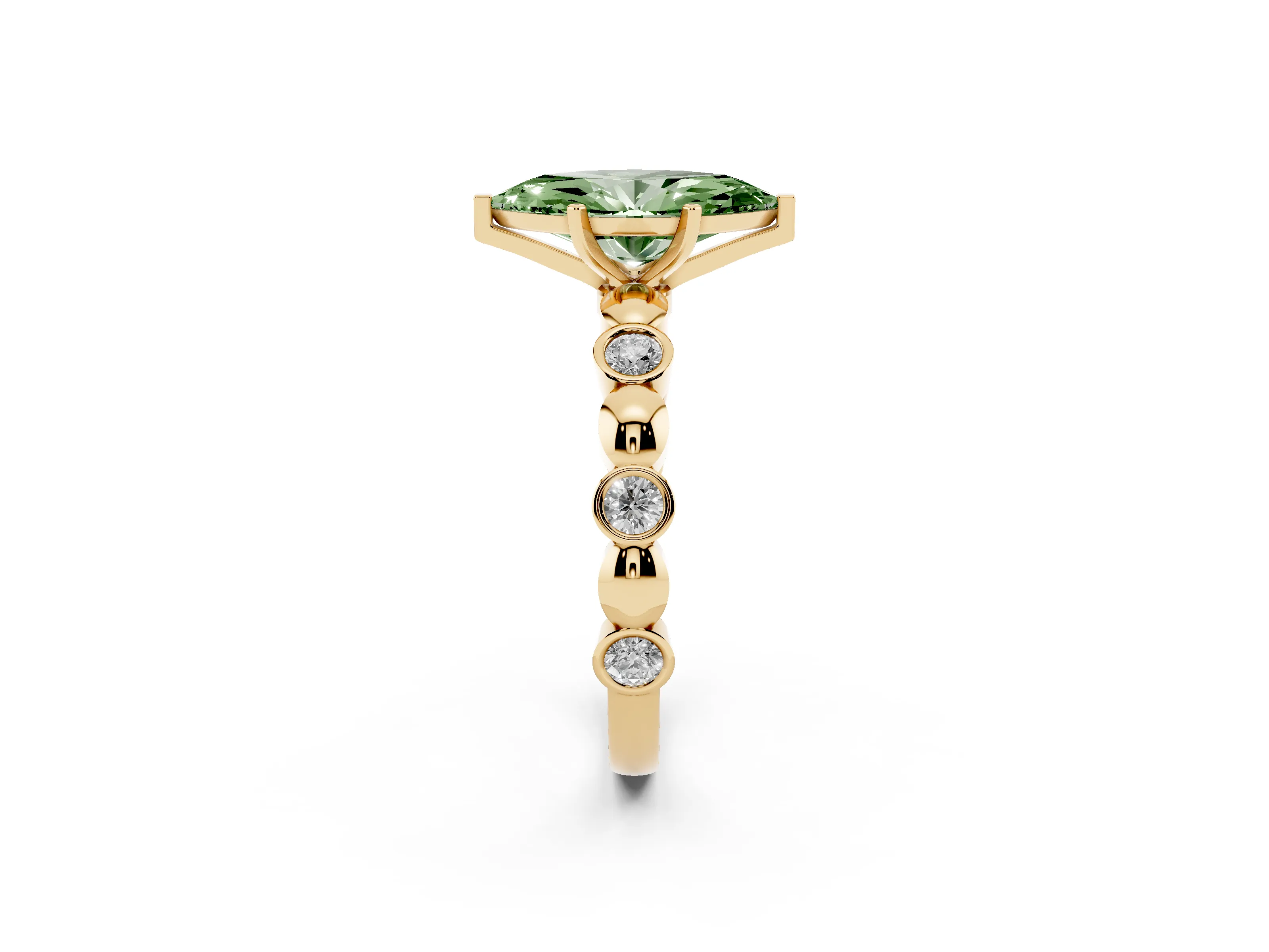 Fancy Green Marquise Cut Diamond Solitaire Ring Set in Yellow gold with Bezel-Set Accents on Beaded Band and Prong Setting