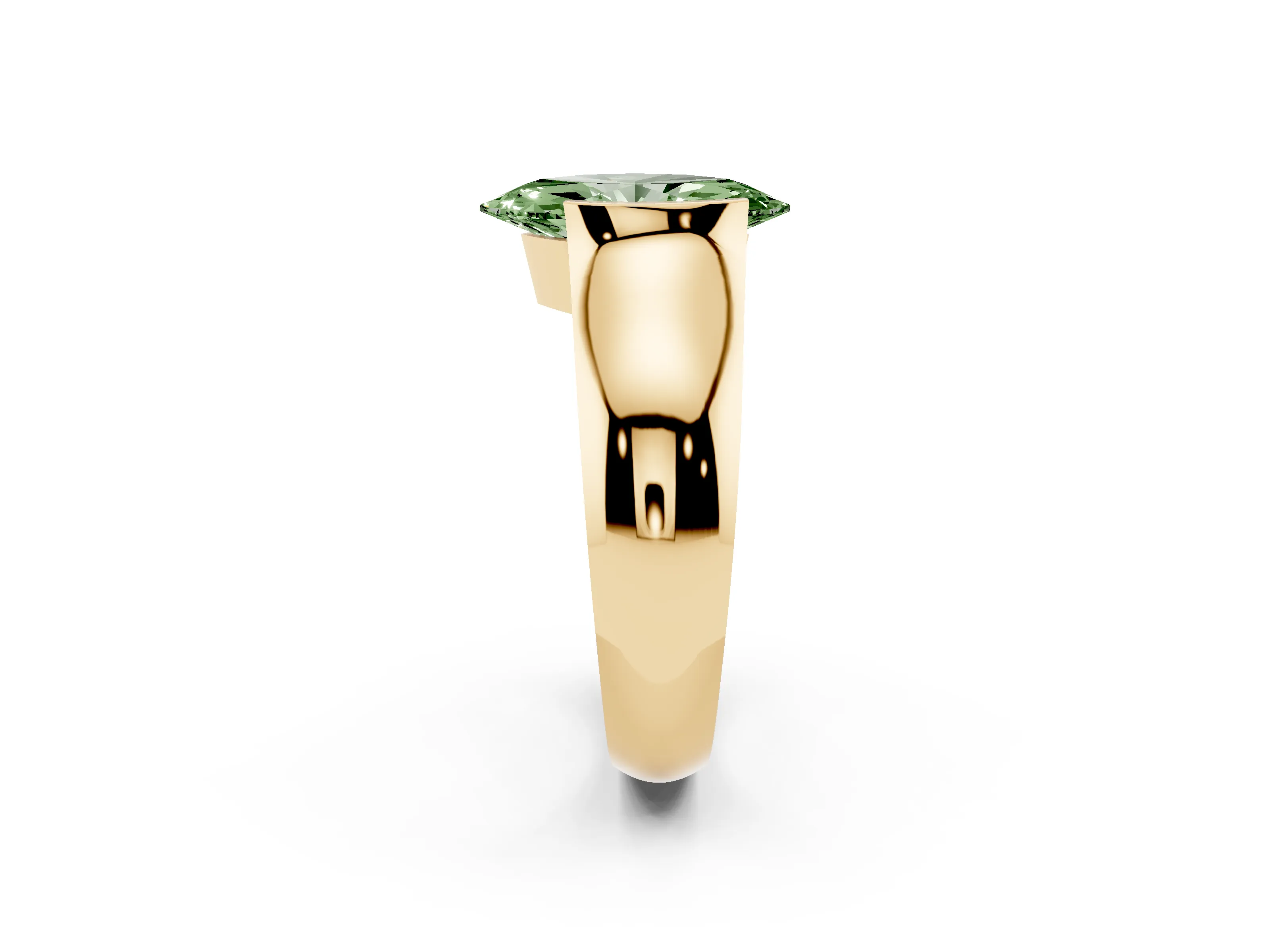 Fancy Green Marquise Cut Diamond Bezel Solitaire Ring Set in Yellow gold with Wide Band