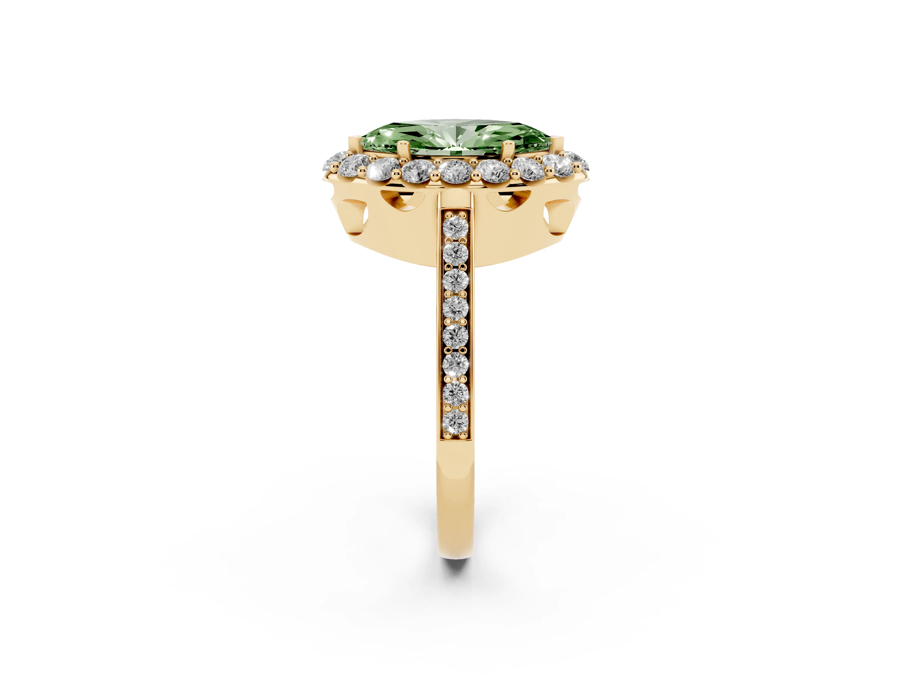 Fancy Green Marquise Cut Diamond Floral Halo Ring Set in Yellow gold with Pavé Band and Prong Setting