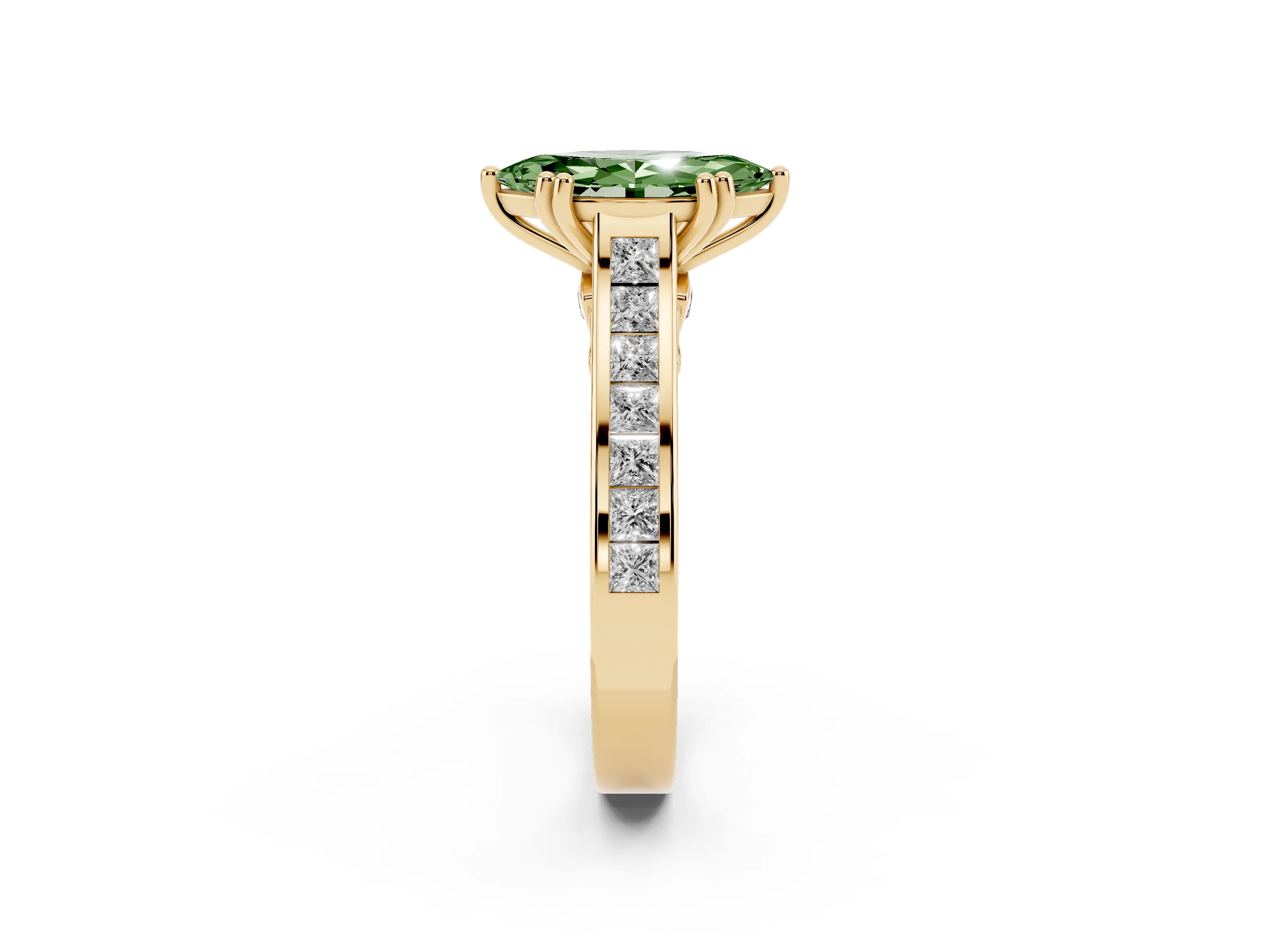 Fancy Green Marquise Cut Diamond Channel Set Solitaire Engagement Ring Set in Yellow gold with Prong Setting