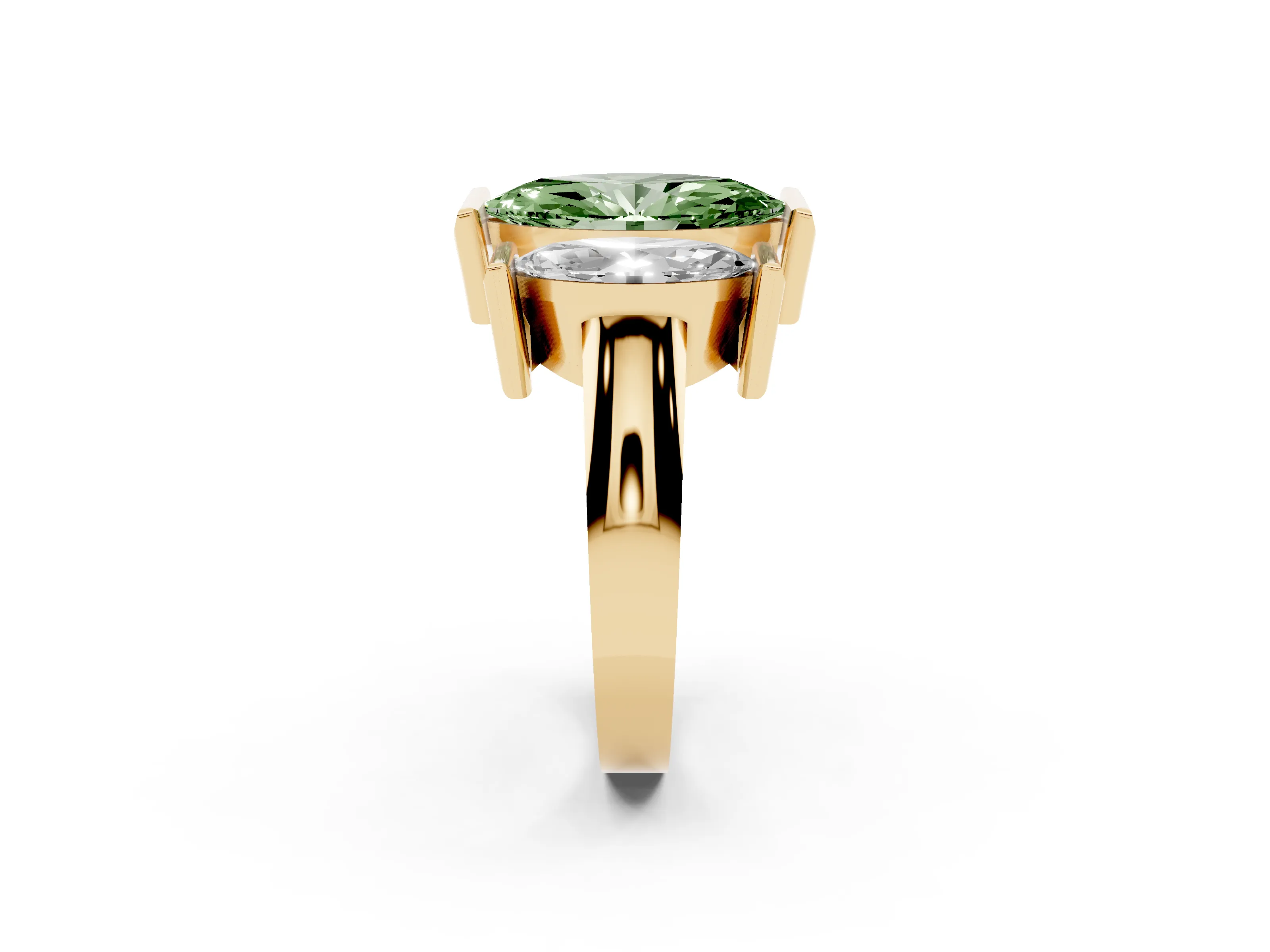 Fancy Green Marquise Cut Diamond Three-Stone Channel Set Ring Set in Yellow gold with Smooth Polished Band